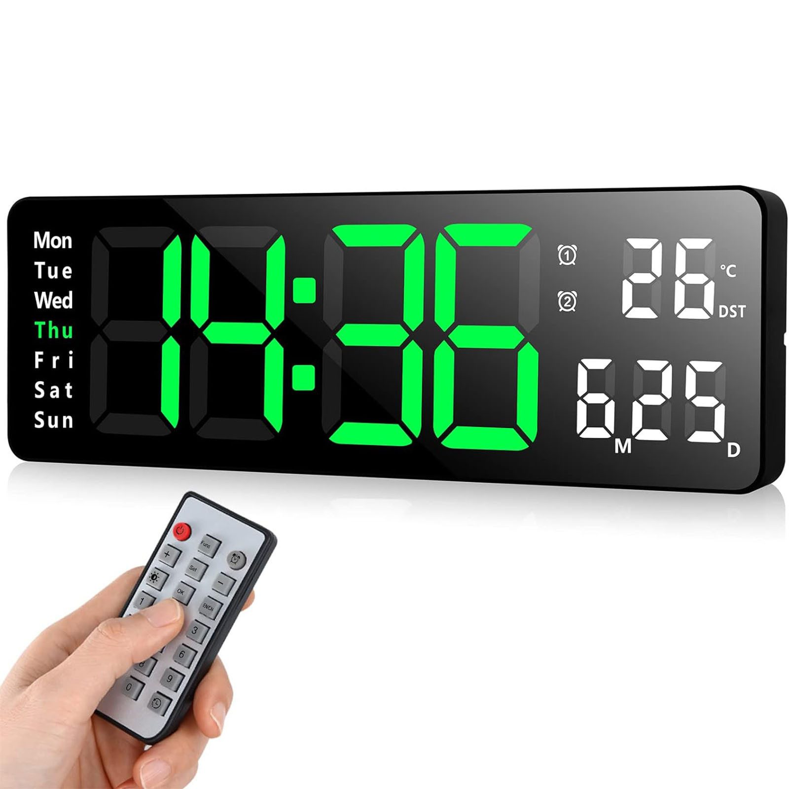 OKWISH Wanduhr 13 Zoll LED Digitale Wand Uhr Küchenuhr Digitaluhr Tischuhr Wandwecker (Digital Wecker mit Fernbedienung Timing Countdown 13-Zoll-Großdisplay)