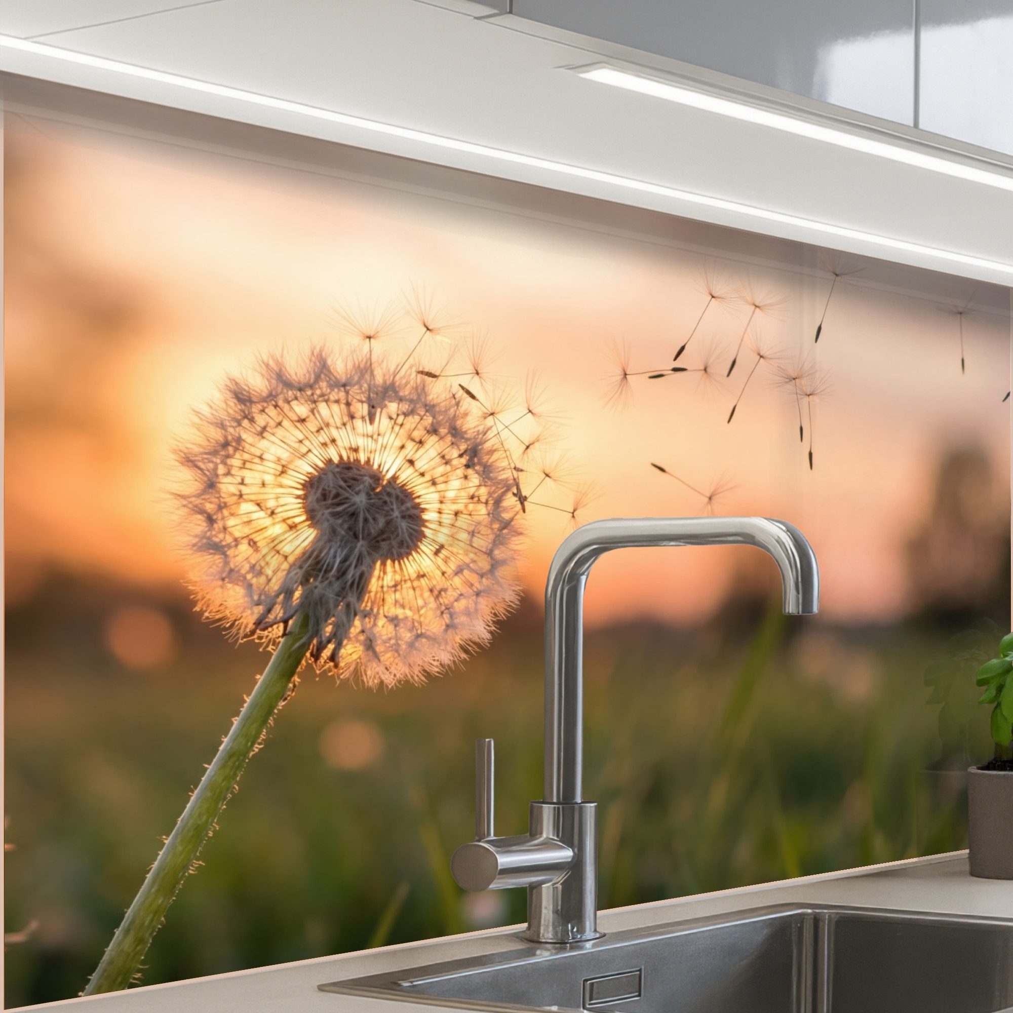 KitchenYeah Küchenrückwand Muster selbstklebend (keine Folie) Löwenzahn - Sonnenuntergang - Feld, (1-tlg), Spritzschutz, Küche, Rückwand, Küchenwand, Küchenfront, 30x20 cm