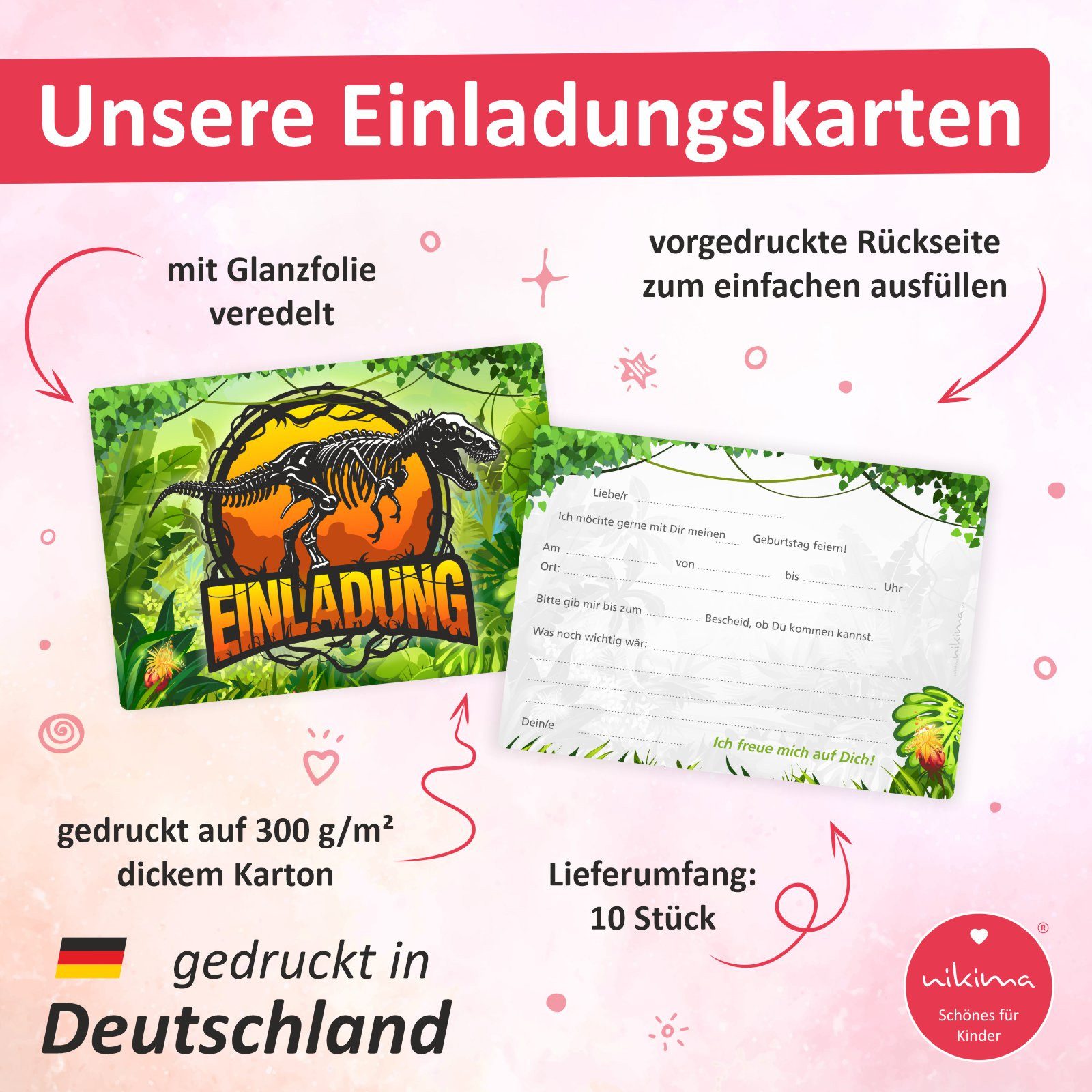 nikima Einladungskarten 10 Einladungskarten mit Glanzlack Dinosaurier für Kindergeburtstag – Bild 2 von 5