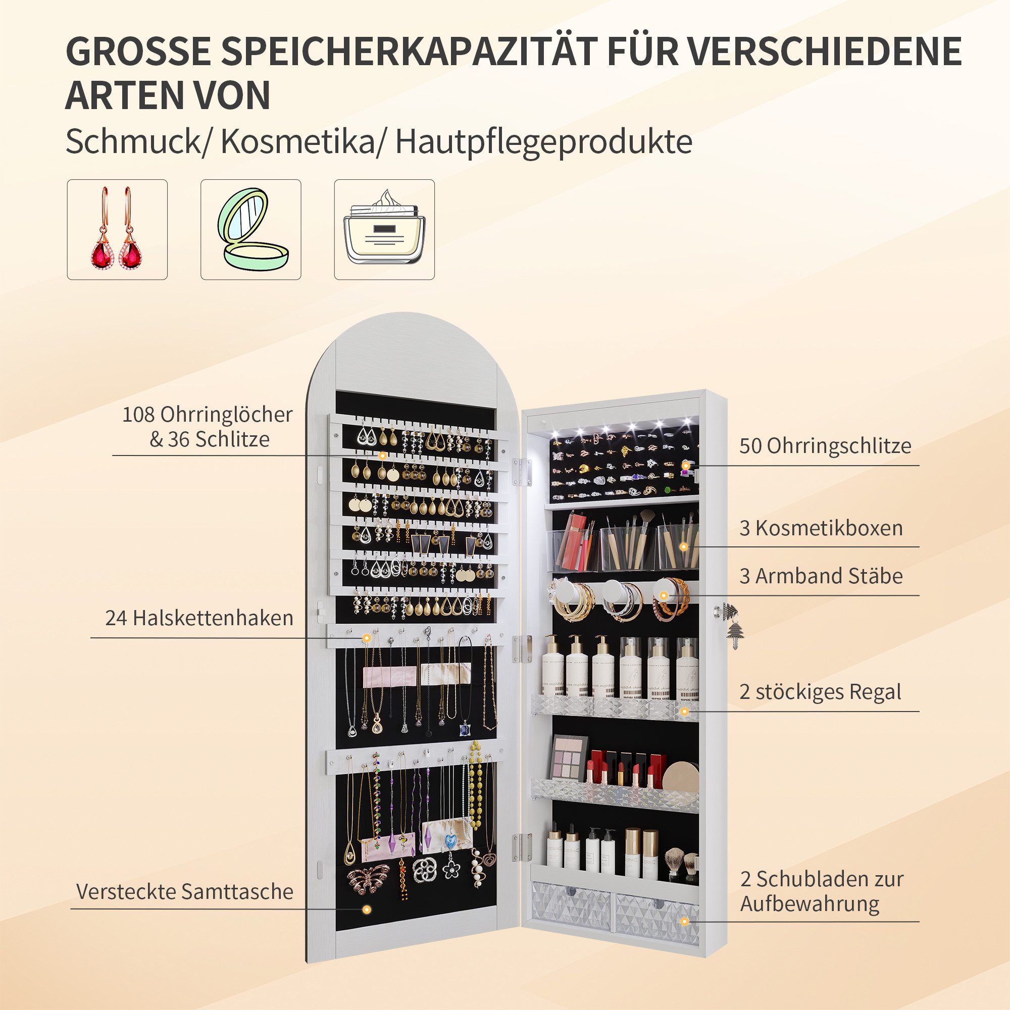 LVSOMT Schmuckschrank mit 3 Farben Licht, aus MDF, explosionssicherem Glas und Samt (1-St) mit Make-up-Spiegel, 108×40cm, weiß – Bild 5 von 5