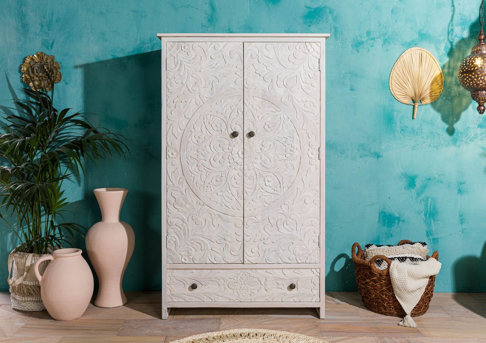 Massivmoebel24 Kleiderschrank KASHMIR (Mango 108x64x180 weiß geölt KASHMIR #106) Mango 108x64x180 weiß geölt KASHMIR #106