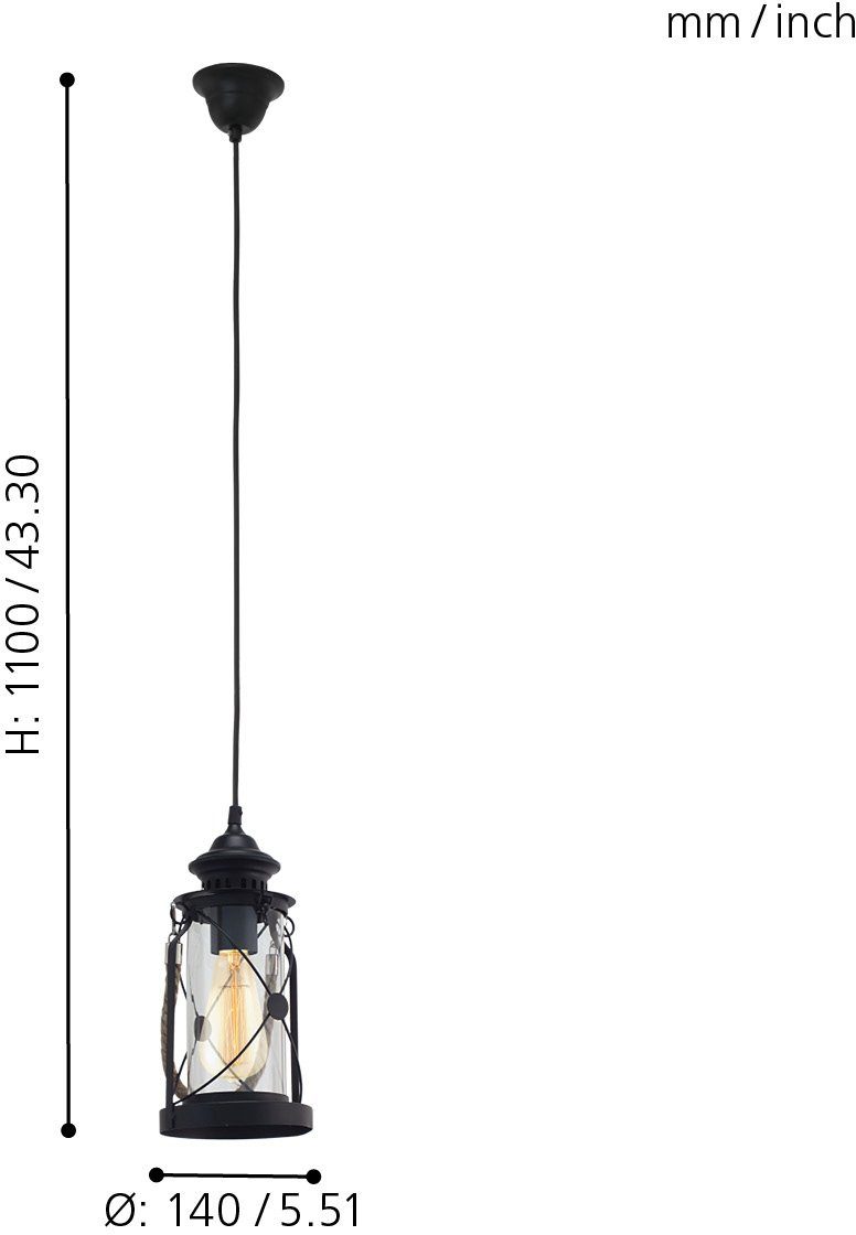 EGLO Hängeleuchte BRADFORD Hängelampe, Stahl und Glas, E27, IP20, Pendellampe, Lampe, ohne Leuchtmittel, Hängeleuchte, H110 x Ø14, schwarz, 1X60W exkl.