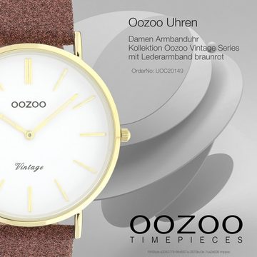 OOZOO Quarzuhr Oozoo Damen Armbanduhr braunrot Analog, Damenuhr rund, groß (ca. 40mm) Lederarmband, Fashion-Style