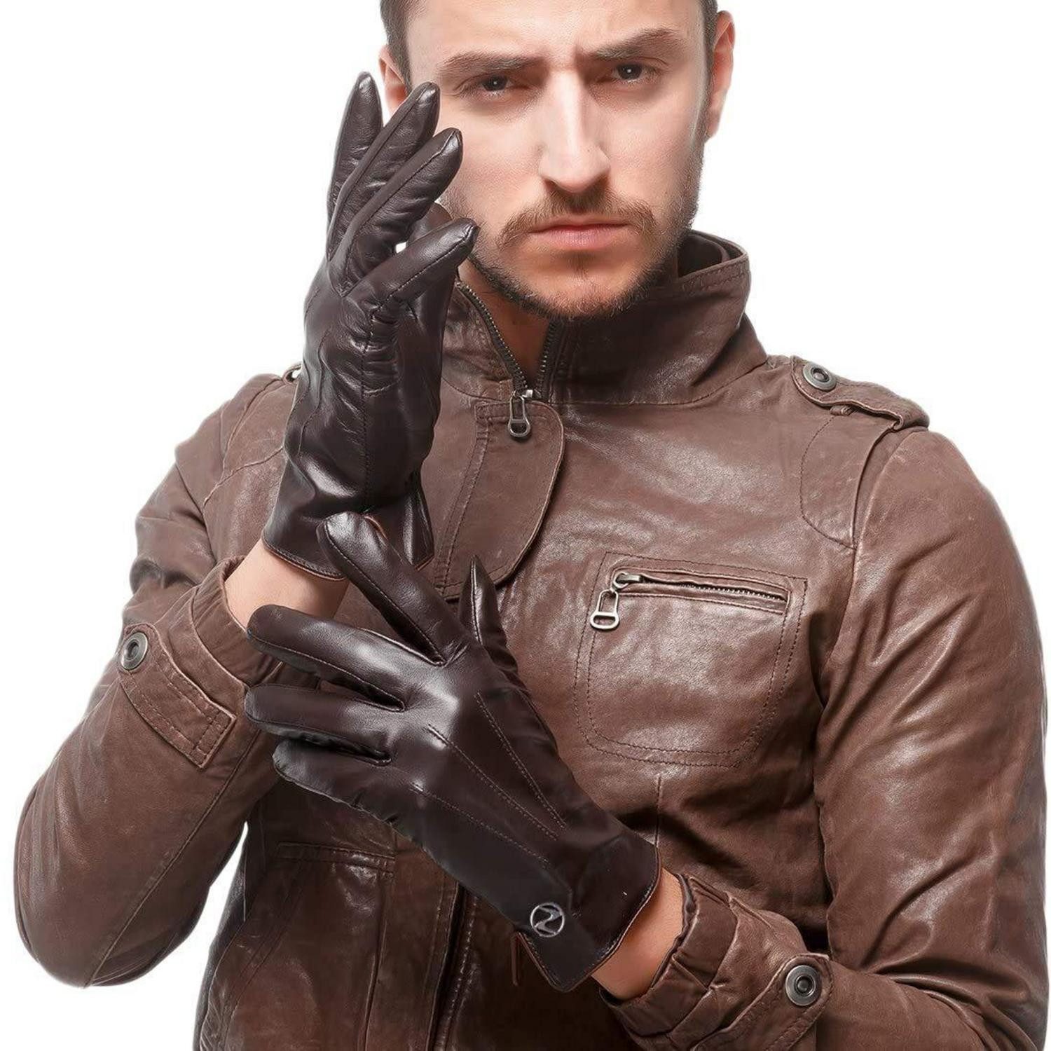 LuxusKollektion Lederhandschuhe Herren Lederhandschuhe Fleecefutter Dunkelbraun XXL (1-St)