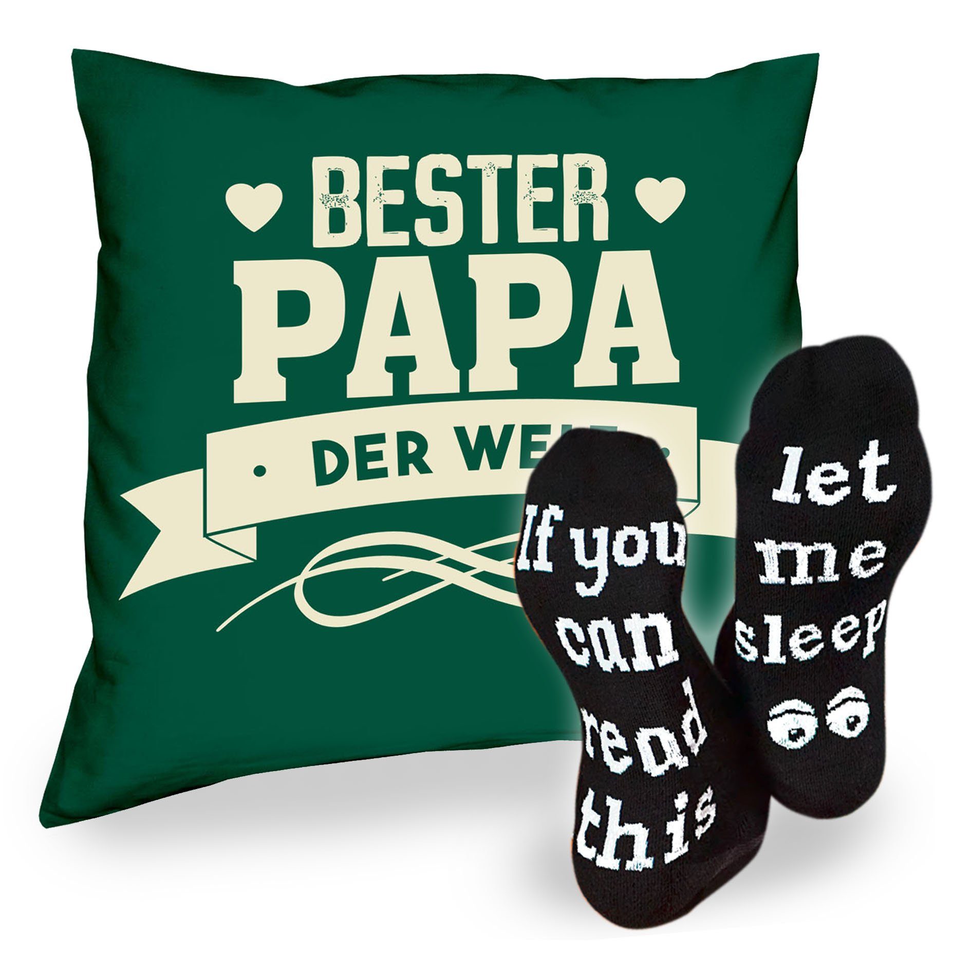 Soreso® Dekokissen Kissen Bester Papa der Welt & Sprüche Socken Sleep, Geschenk Geburstag Vatertag Weihnachten dunkelgrün