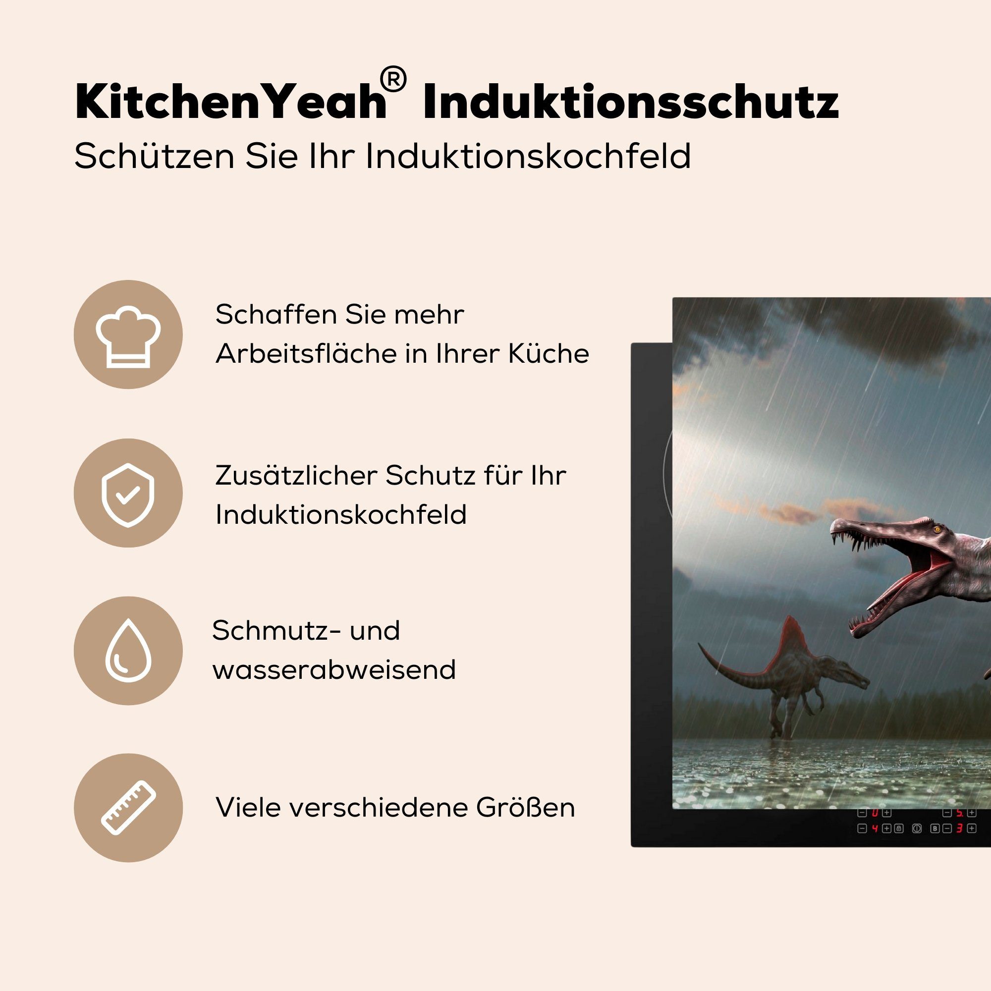 küche Arbeitsplatte Spinosaurier Herdblende-/Abdeckplatte 83x51 tlg), cm, Vinyl, (1 im Regen, Ceranfeldabdeckung, MuchoWow für