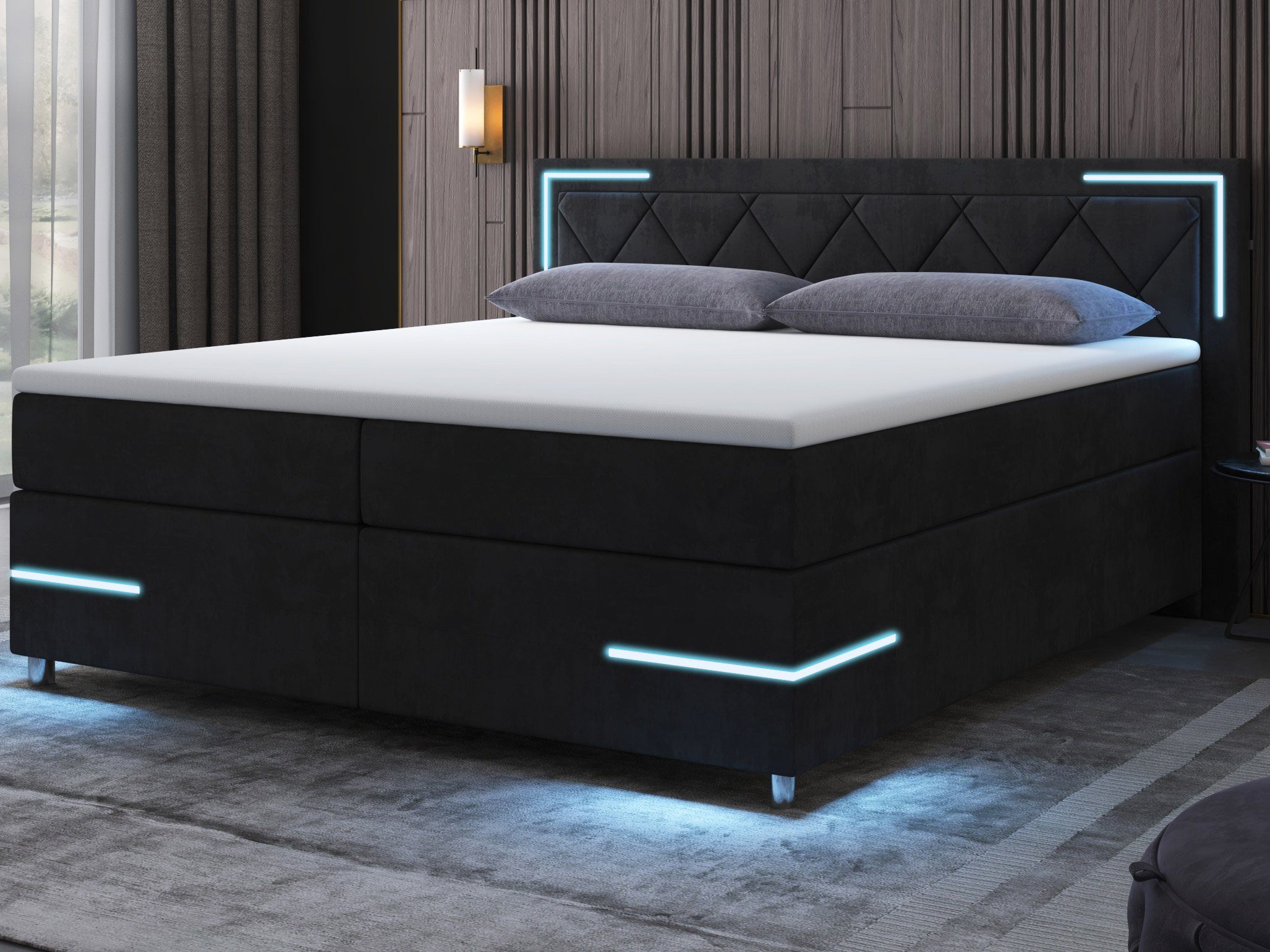 Arizona, mit wonello Boxspringbett Topper, wahlweise LED und Bettkasten mit Beleuchtung