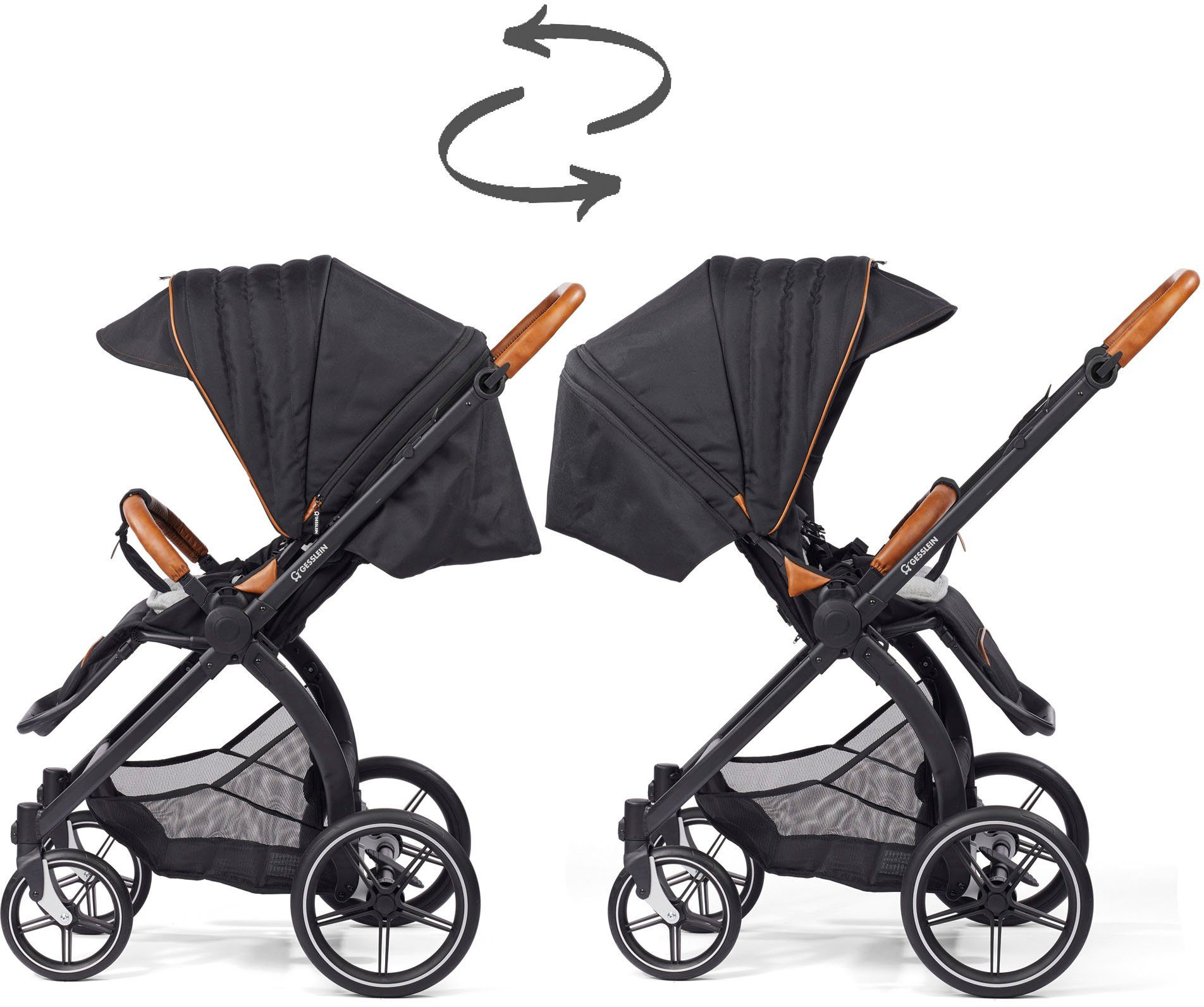 Gesslein FX4 Aufsatz Swing mango, mit Kombi-Kinderwagen mit C3 Babyschalenadapter schwarz, Babywanne Soft+ und