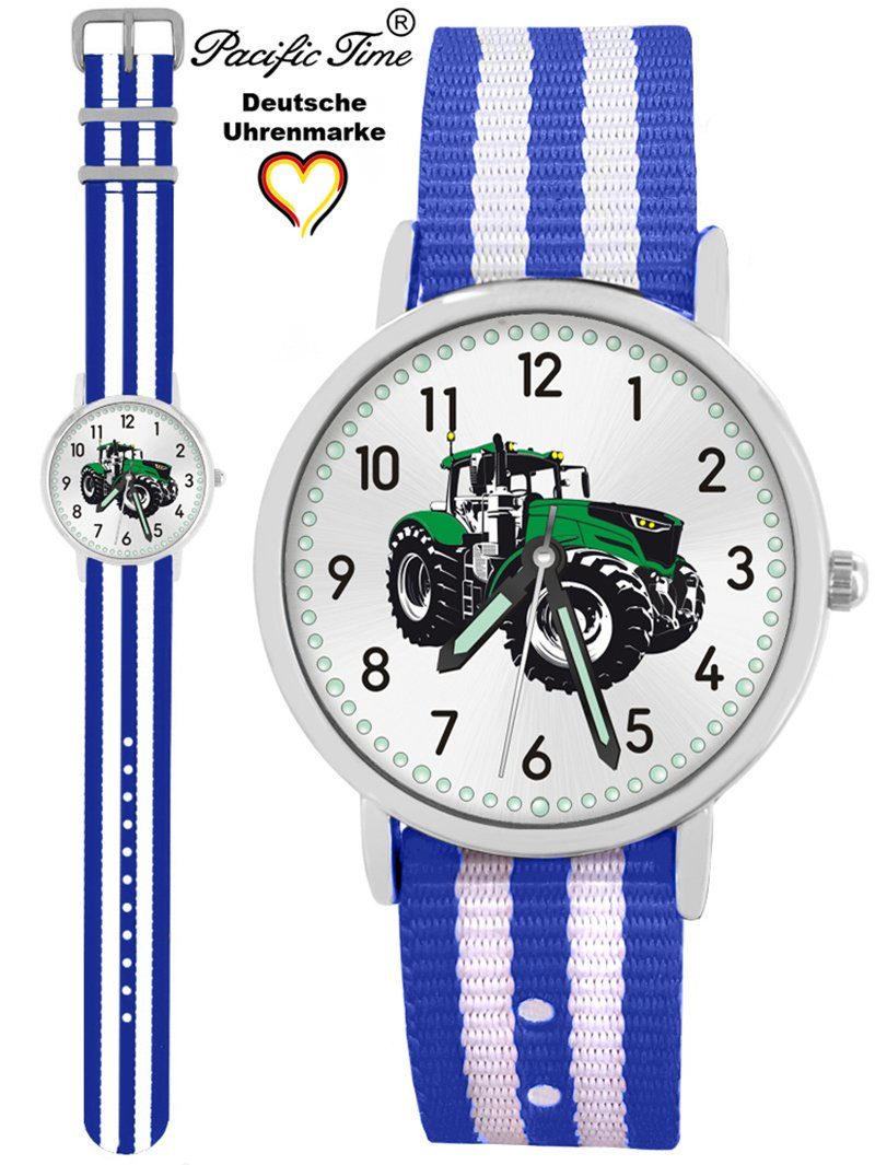 Pacific Time Quarzuhr Kinder Armbanduhr Traktor grün Wechselarmband, Mix und Match Design - Gratis Versand blau weiss