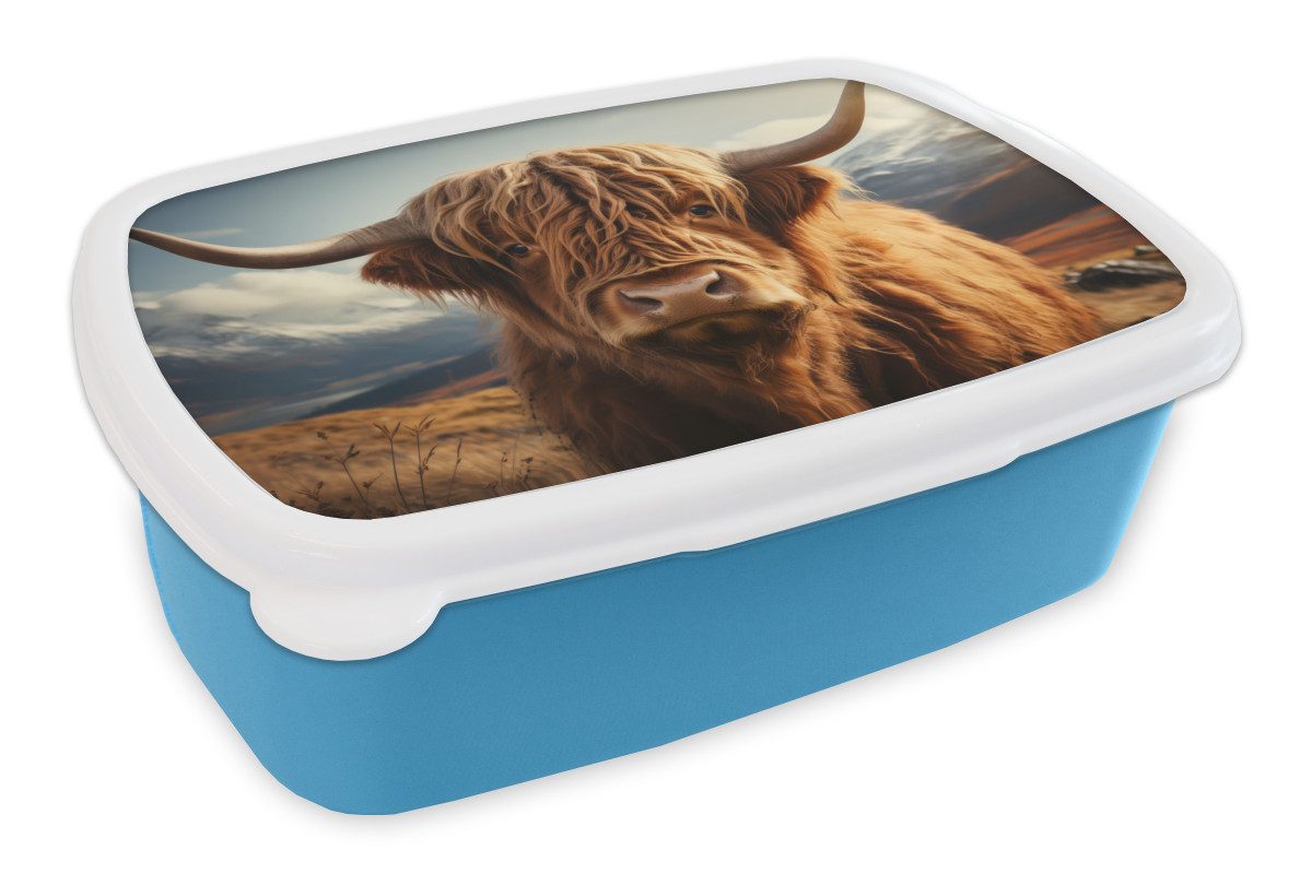 MuchoWow Lunchbox Schottische Highlander - Hörner - Berge - Landschaft, Kunststoff, (2-tlg), Brotdose, Lunchbox, Brotbox für Kinder und Erwachsene