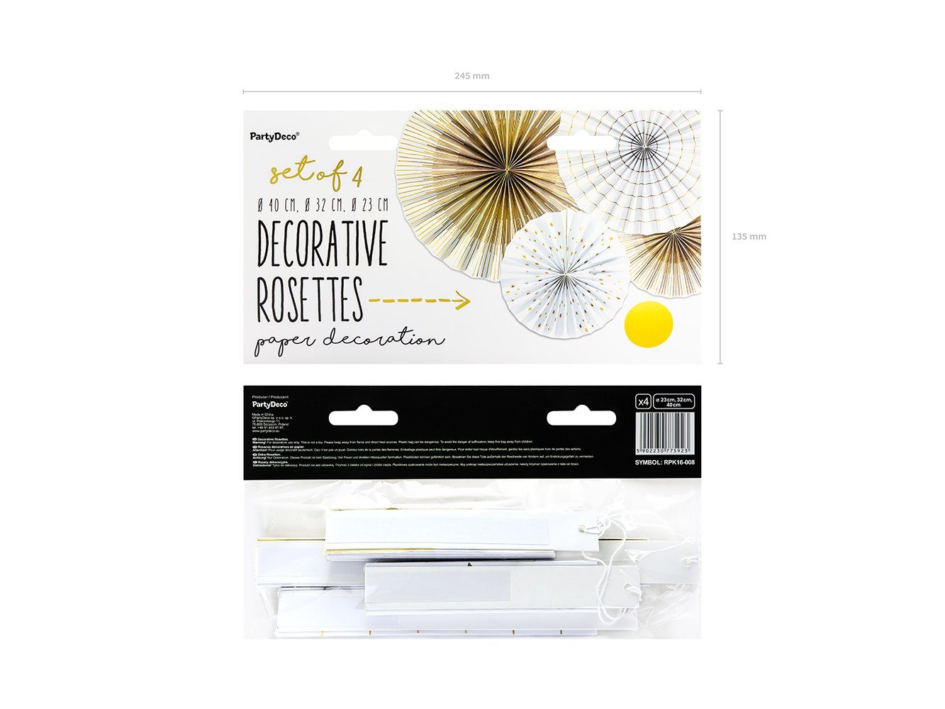 partydeco Papierrosette, Deko Papier Rosetten mit Muster 23-40cm weiß gold 4er Set