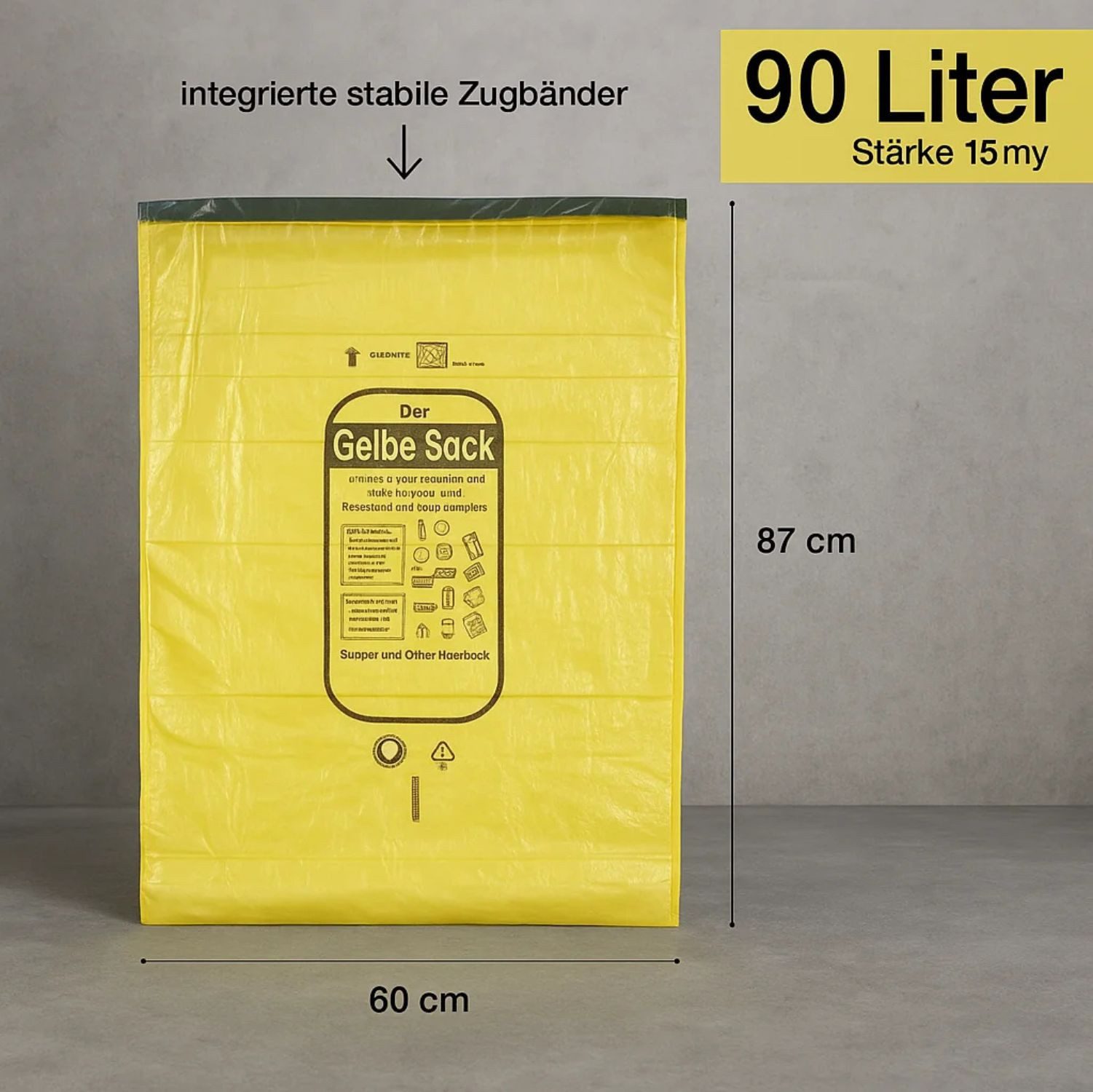 BigDean Müllbeutel 5 Rollen Gelber Sack, Gelbe Säcke mit praktischem Zugband, 90 Liter, Zubehör für Recycling, Reißfest, Mit Zugband, 90L