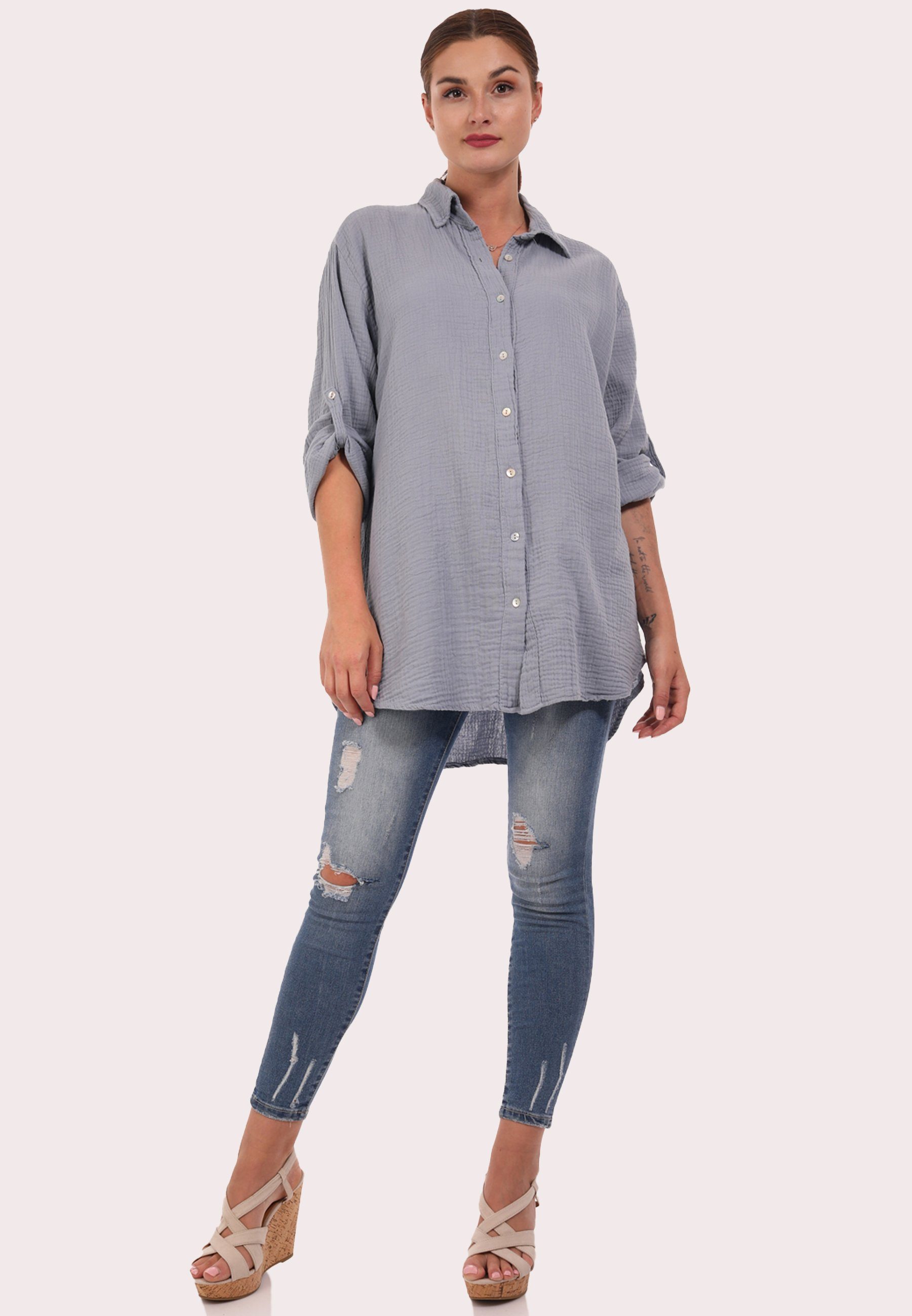 YC Fashion & Style Hemdbluse Bluse Oversized Long bluse Herrlich weicher Musselin One Size (1-tlg) Uni, Langarm, Casual graublau