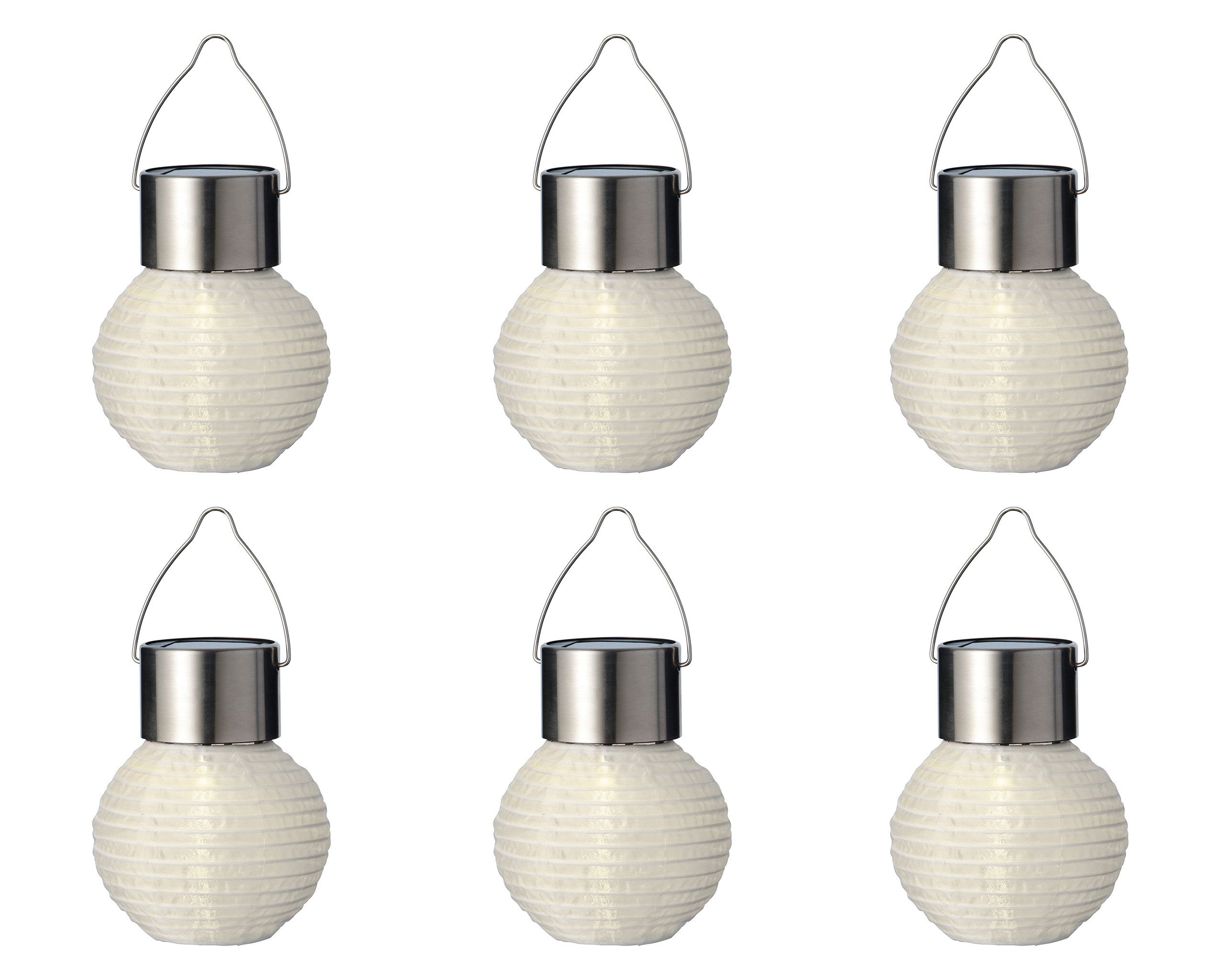 Lumineo LED Laterne, Dauerlicht, warmweiß, Solar Gartenleuchte LED Lampion Nylon 7x9cm Weiß / Warmweiß 6er Set