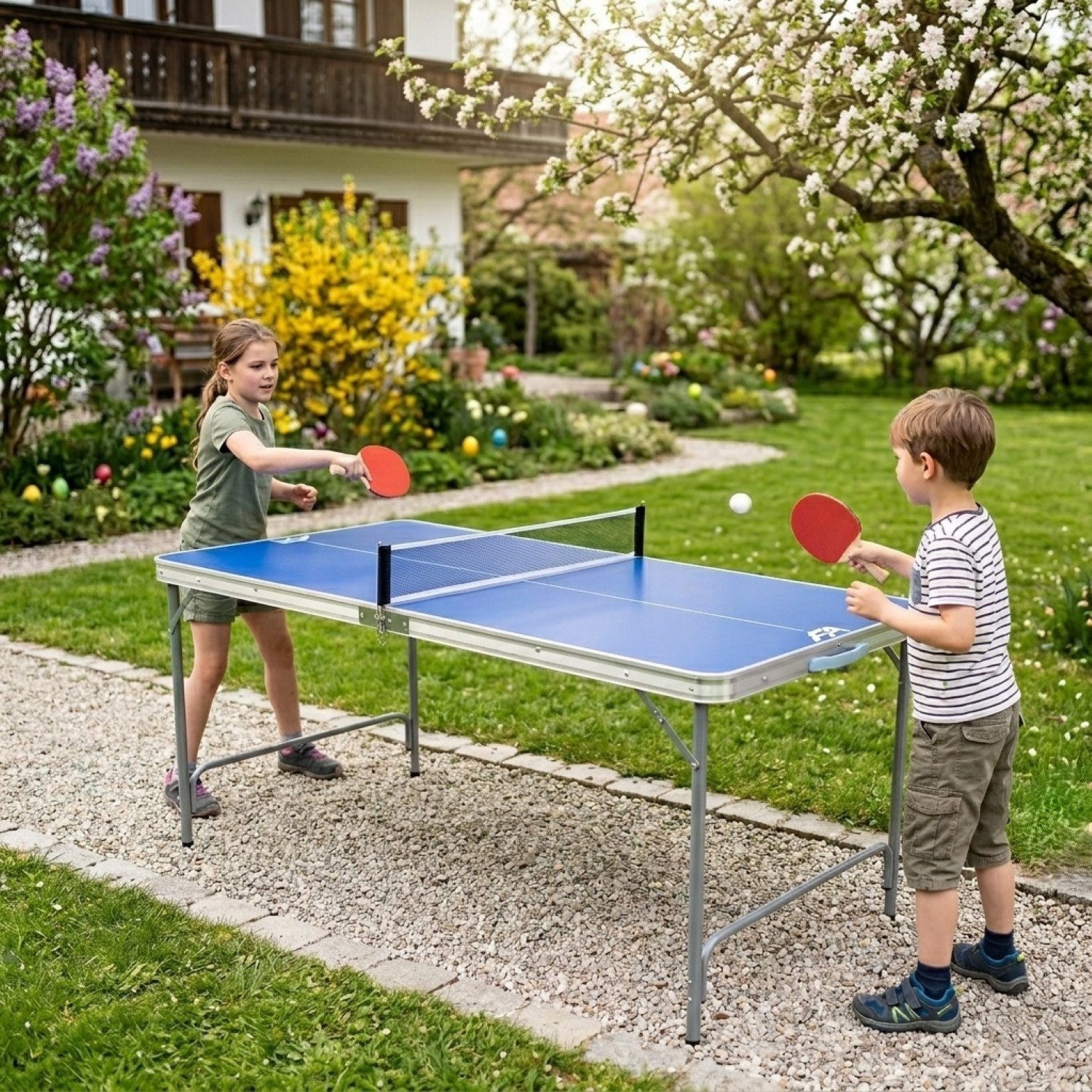 FASports Tischtennisplatte Fabula mit Spielset für Kinder und Jugendliche (Set, 4-tlg., Netz, Schläger, Ball), klappbarer Tischtennistisch, leicht transportierbar und verstaubar