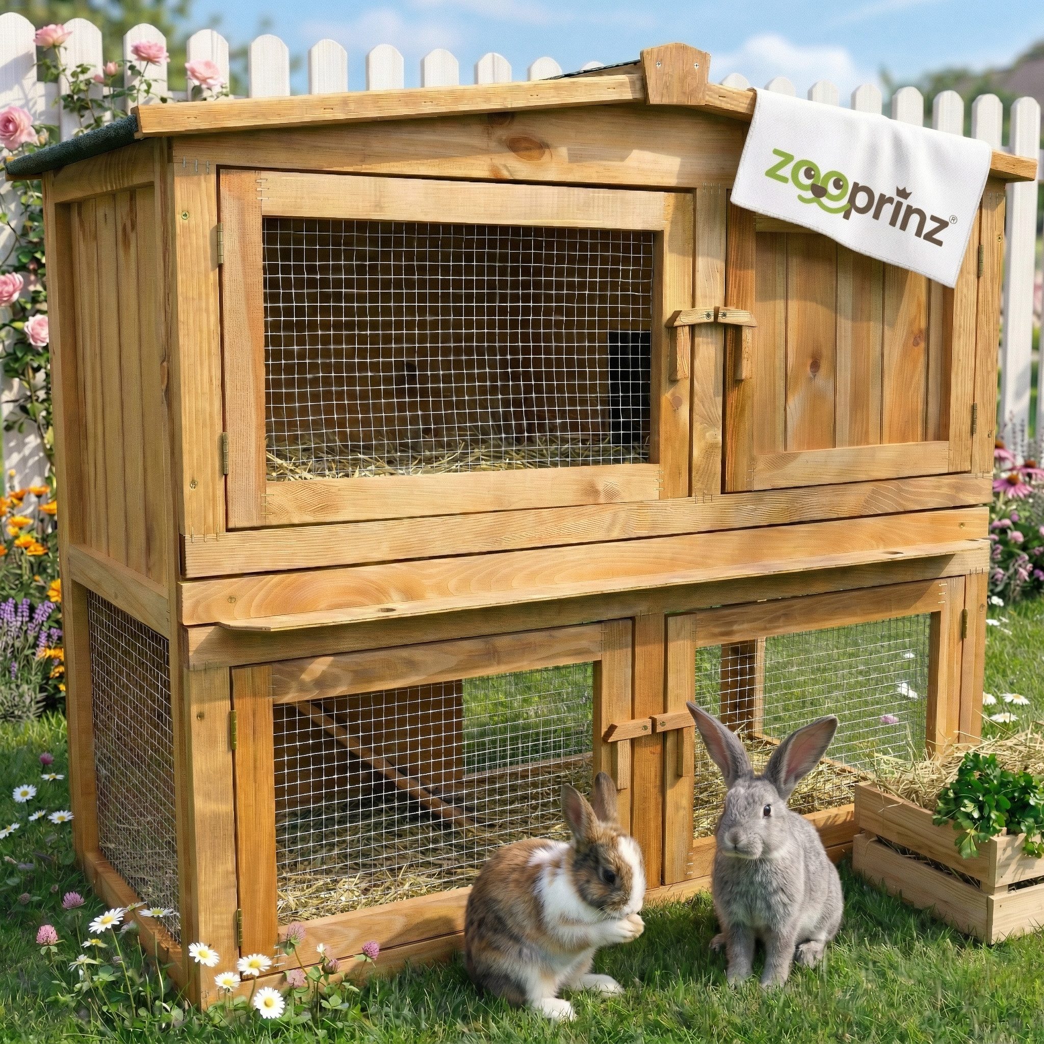 Zooprinz Kleintierstall Obelix mit Freilauf auf 2 Etagen, Klappbares Bitumendach, 106x91x53 cm (BxHxT), Rampe