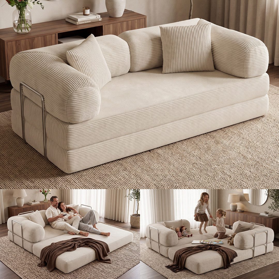 skølm Sofa Kenning aus hochwertigem Vollschaum Cord, Schlafsofa extrem weich, Beige, Vollschaumcouch Boneless mit Stahlgestell, vakuumverpackt