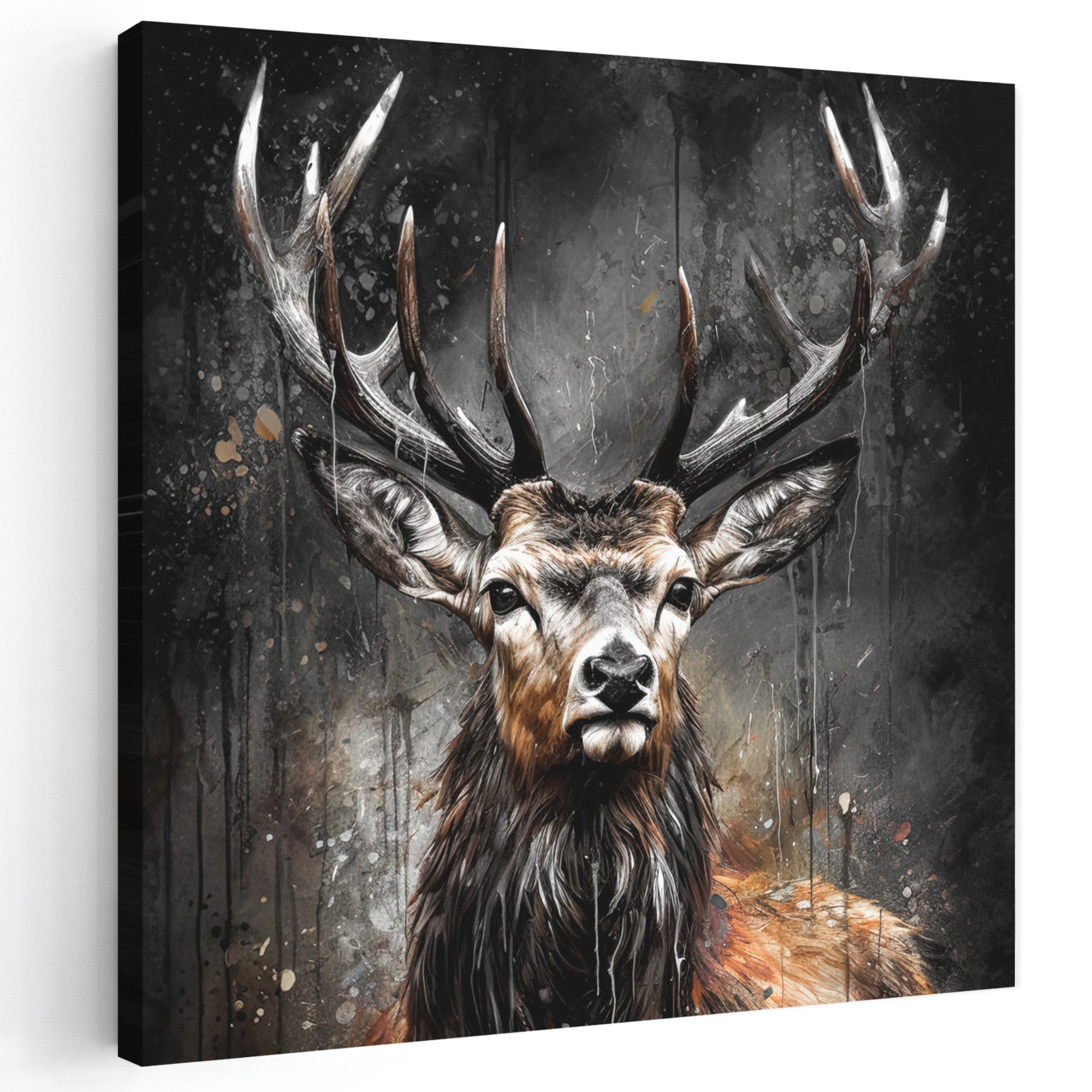 OneMillionCanvasses® Leinwandbild Hirsch - Schwarz - Tier - Hirschkopf, Fotodruck (1 St), Wandbild, Deko Schlafzimmer Wohnzimmer Flur 20x20 cm
