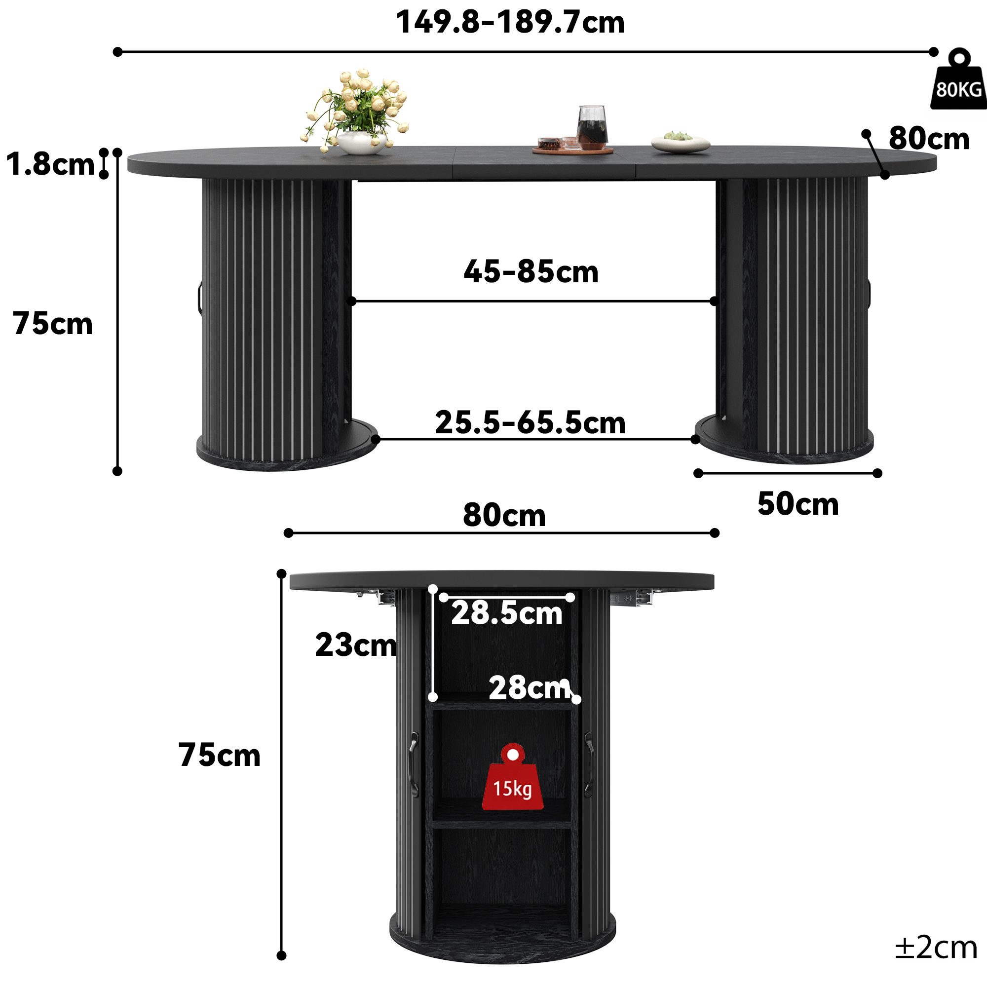 KLAM HOME Esstisch Ausziehbarer Esstisch mit verdecktem Staufach, 149,8‑189,7 cm (Multifunktionaler Küchentisch mit Teleskop‑Mechanismus ohne Werkzeug), Flexibler MDF‑Tisch mit Metallrahmen für Ess‑ und Wohnzimmer