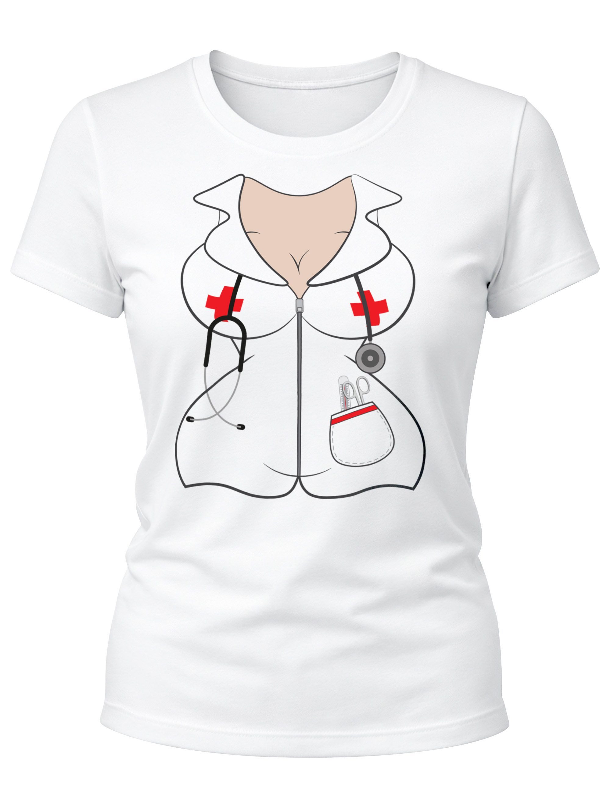 Print-Shirt Damen T-Shirt Krankenschwester Kostüm Verkleidung Fasching Karneval