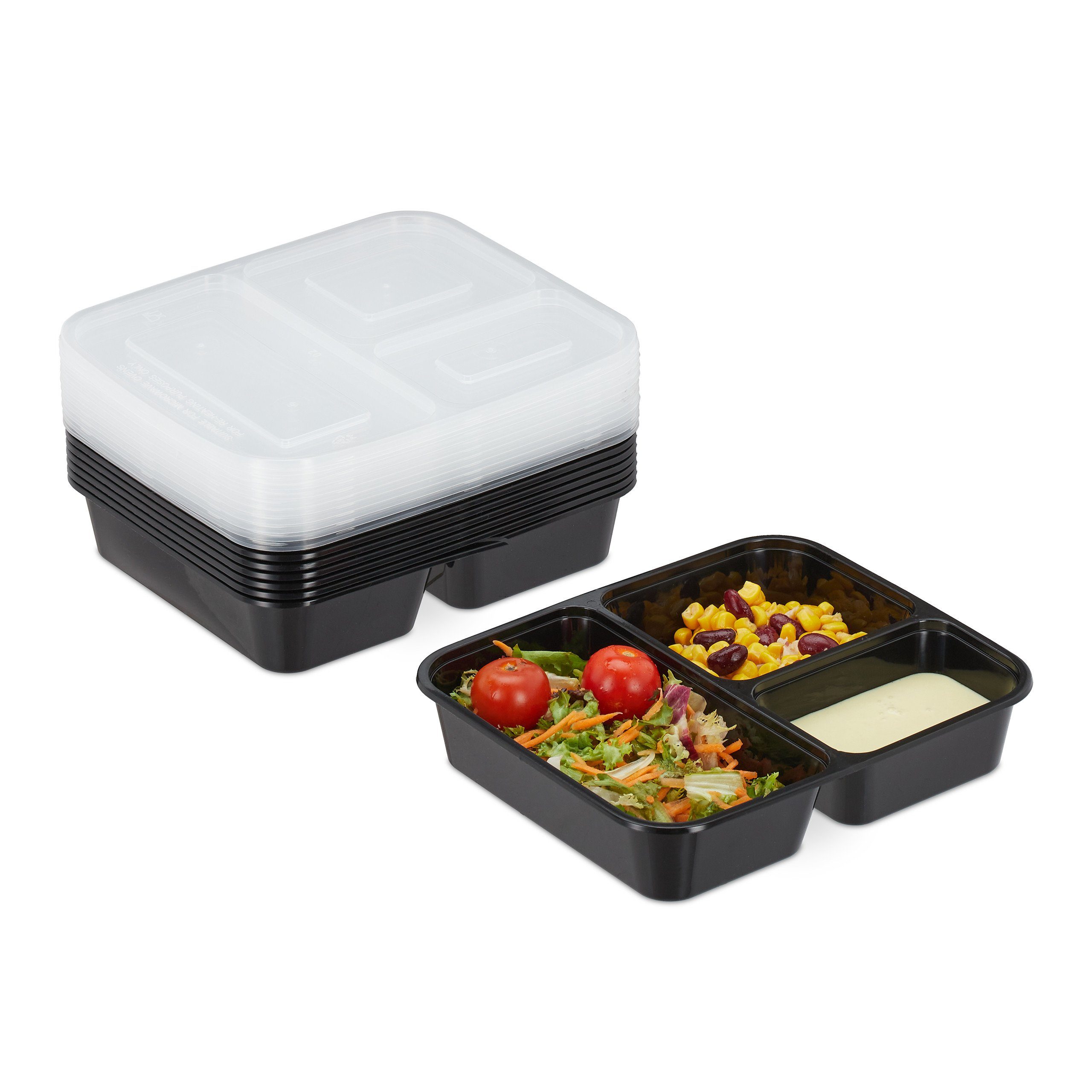 relaxdays Lunchbox 10er Set Meal Prep Boxen 3 Fächer, Kunststoff