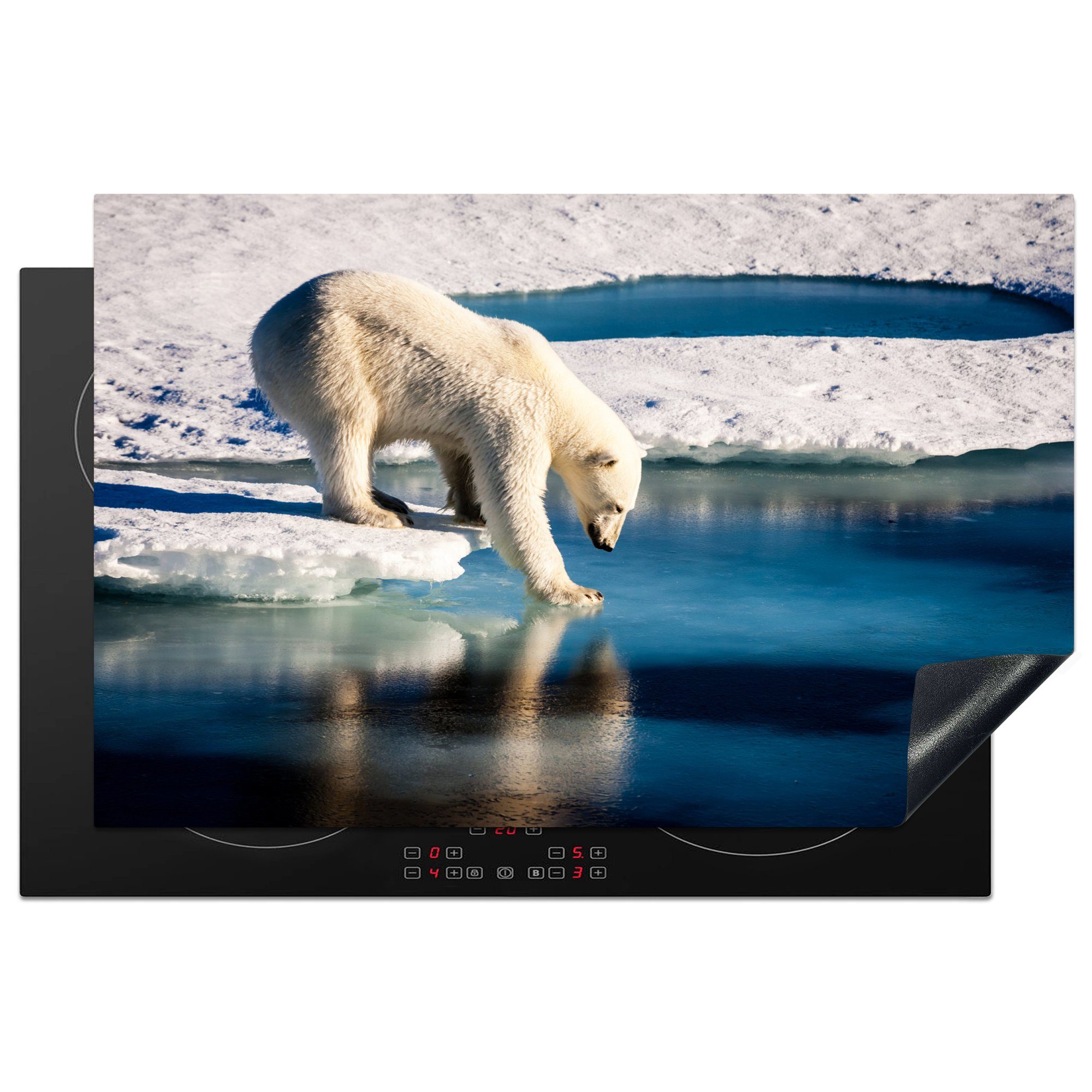 MuchoWow Herdblende-/Abdeckplatte Tiere - Eisbär - Schnee, Vinyl, (1 tlg), 81x52 cm, Induktionskochfeld Schutz für die küche, Ceranfeldabdeckung