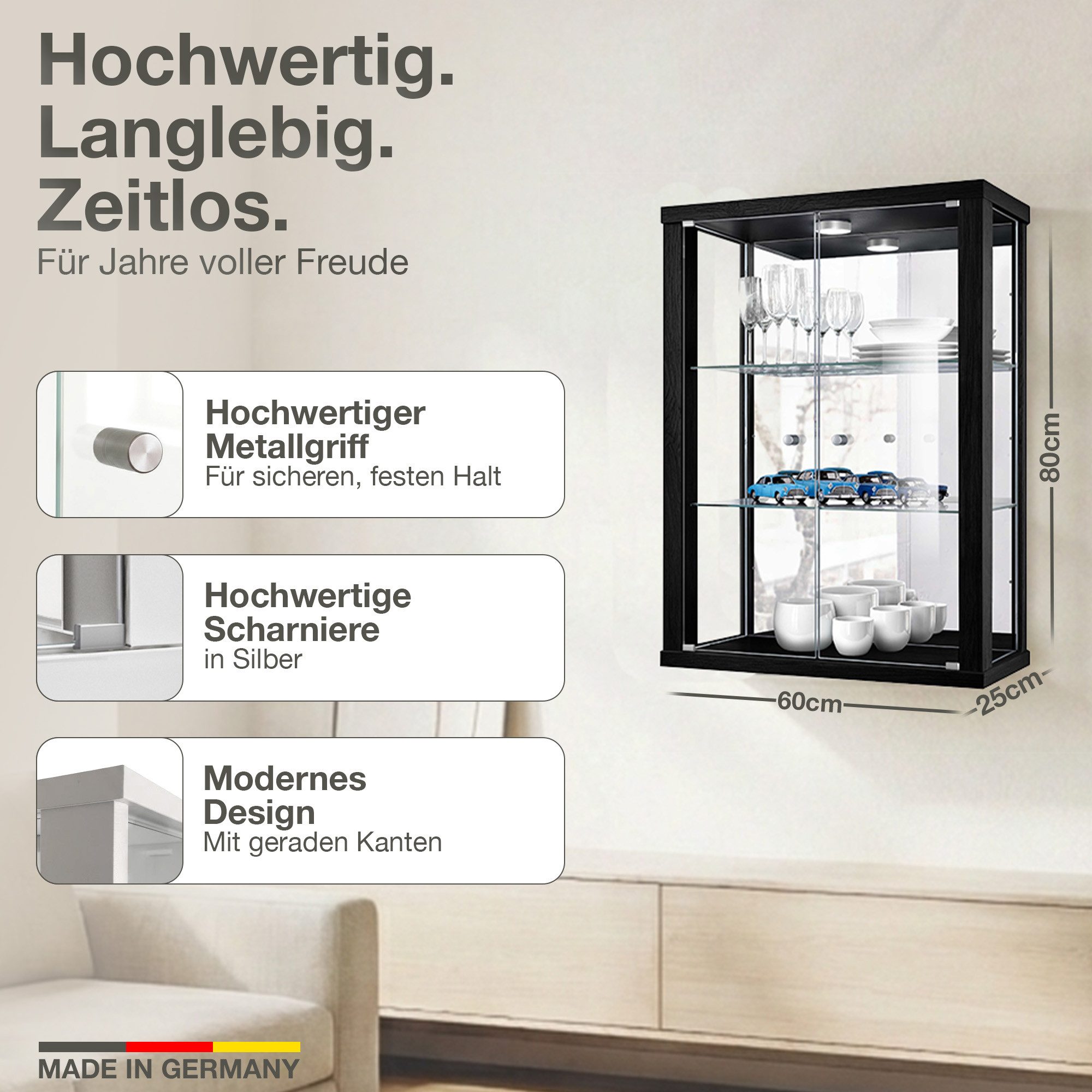 K-Möbel Hängevitrine C1013 (Glasvitrine (80x60x25 cm) mit 2 Glastüren)