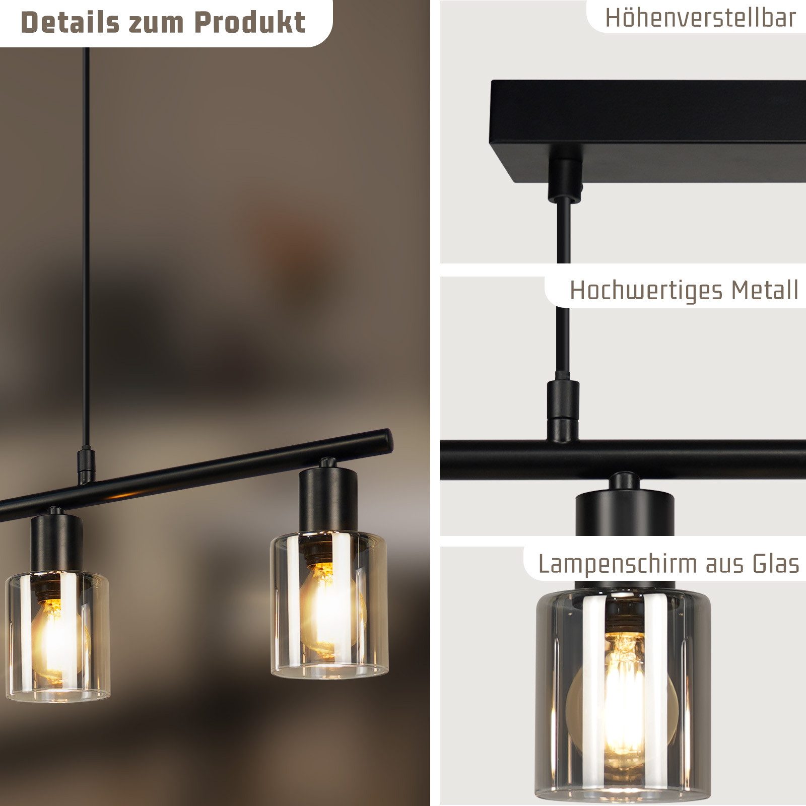 ZMH Pendelleuchte Esszimmer 4 Flammig Vintage Glas E14 Hängelampe für Wohnzimmer Küche, ohne Leuchtmittel, Schwarz Höhenverstellbar hängend Esstischlampe – Bild 4 von 5