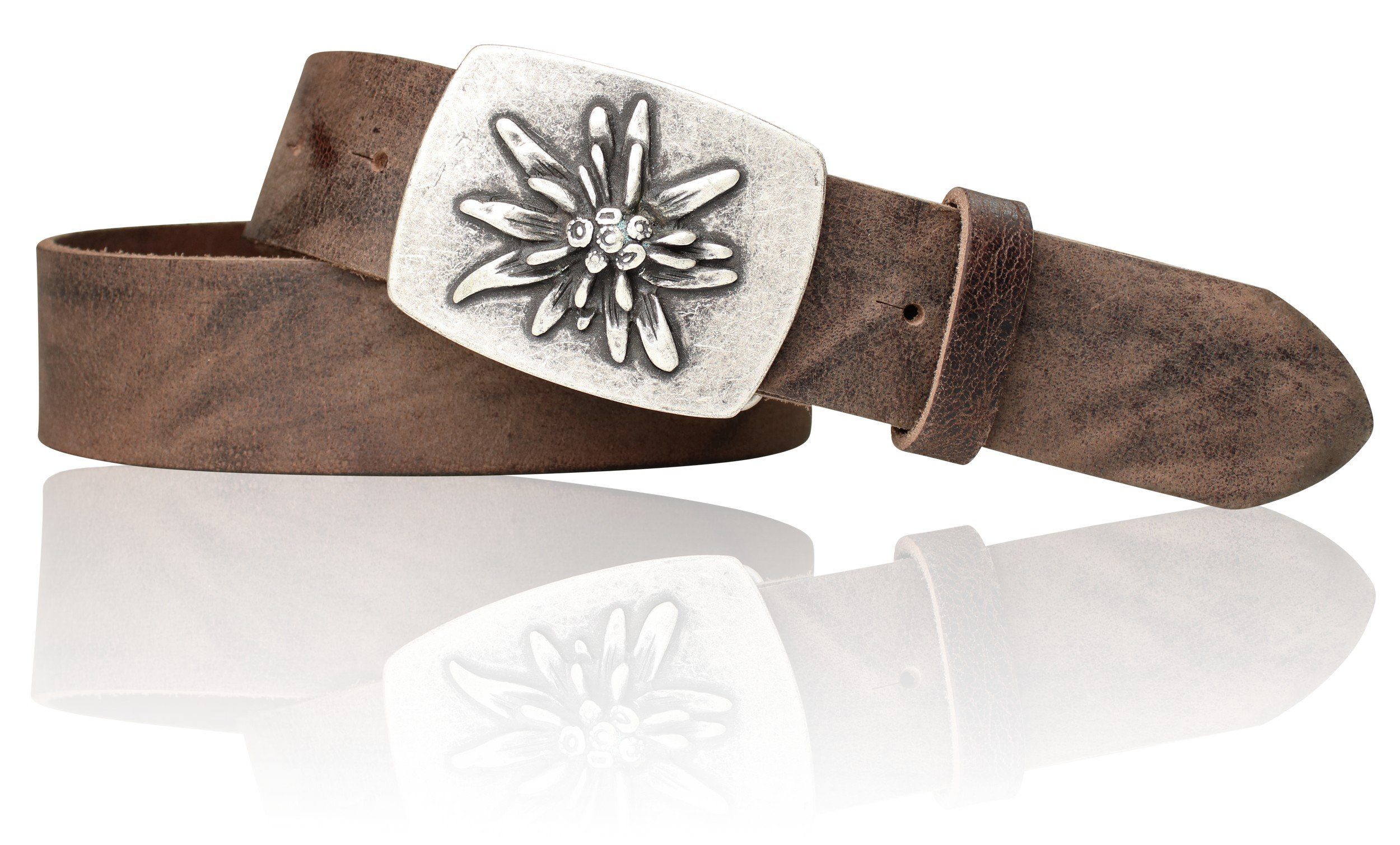 FRONHOFER Ledergürtel 17504 Trachtengürtel, Edelweiß Gürtelschnalle Antiksilber, echtes Leder Vintage-braun