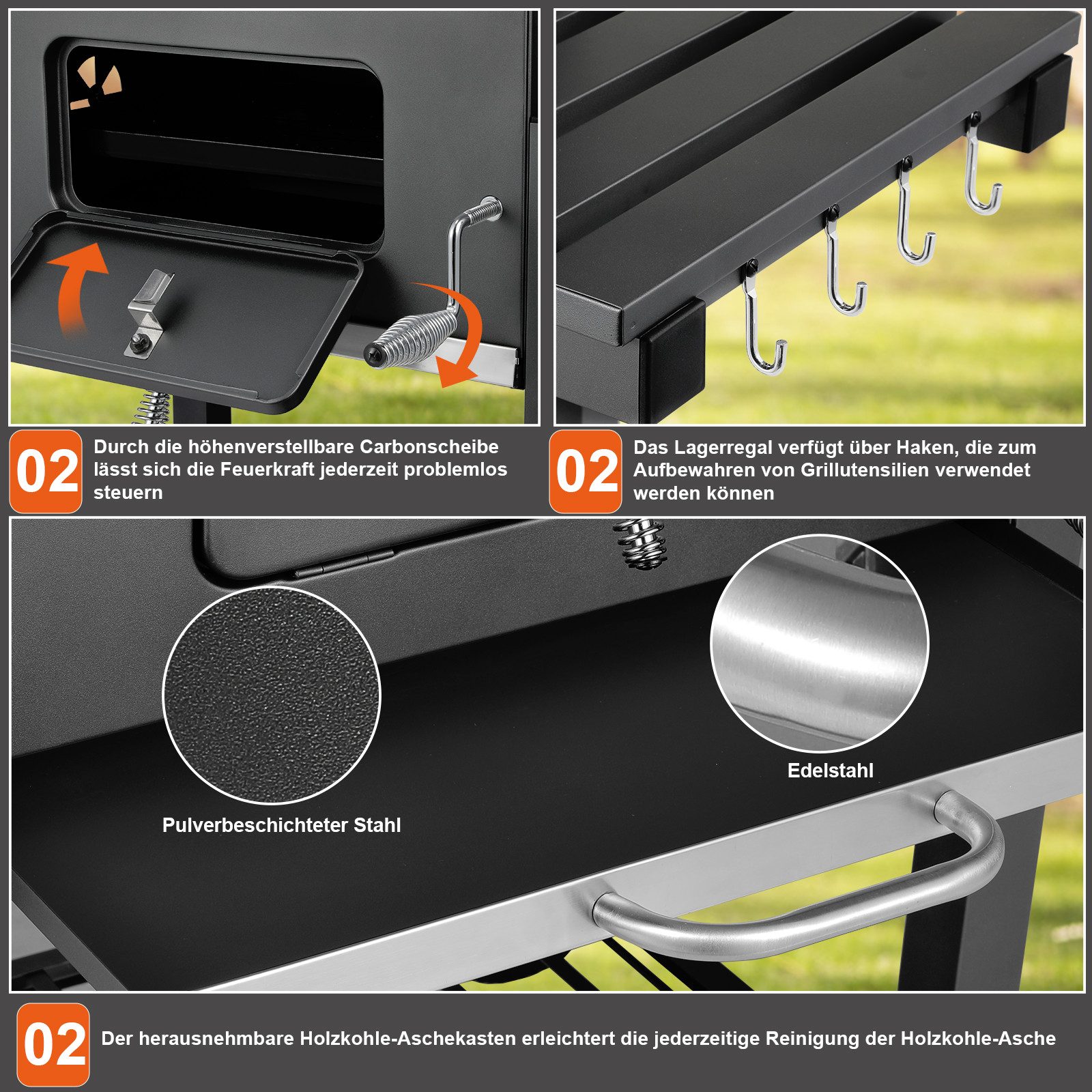 TLGREEN Holzkohlegrill Grillwagen XXL, mit Rädern & Thermometer, Hochwertiger Grillwagen für Garten Camping Picknick, Smoker Grill mit Deckel, Höhenverstellbare – Bild 5 von 5