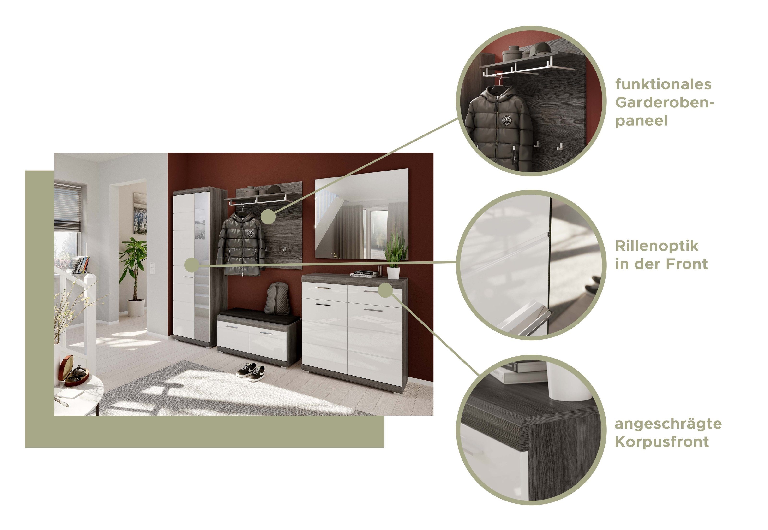 möbelando Garderobenschrank 1 Moderner in Front in Garderobenschrank, 1 Tiefe cm, Spiegeltür, Höhe cm 197 Sandusky mit 1 Holztür, 37 aus Korpus Nachbildung, Rauchsilber Spanplatte Breite aus 62 Einlegeböden. 4 MDF und cm, Weiß-Hochglanz Konstruktionsboden