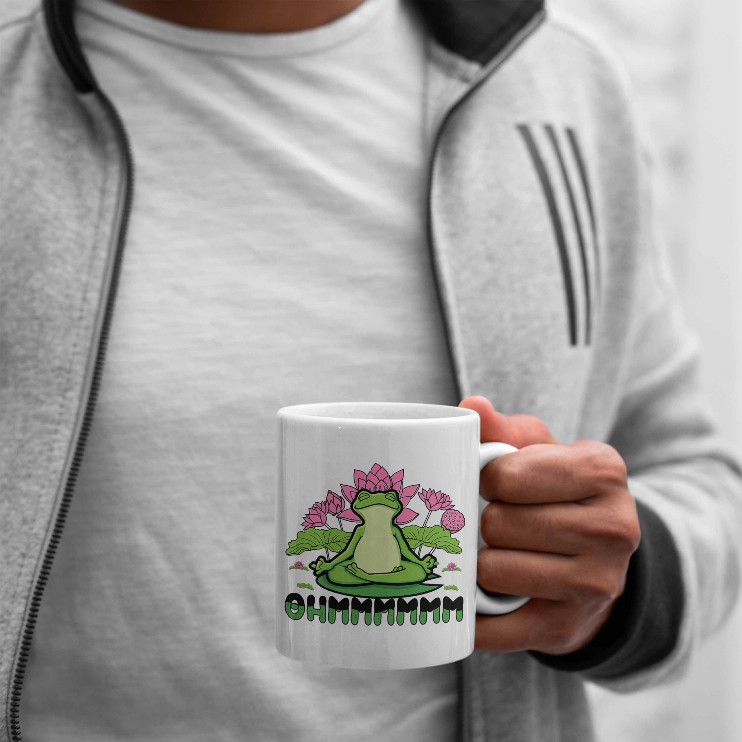 Trendation Tasse Tasse Frosch Yoga-Posen - Weiss Geschenk Sport Lustig Geschenkidee Sport Frosch Trendation Yoga Ohmmm