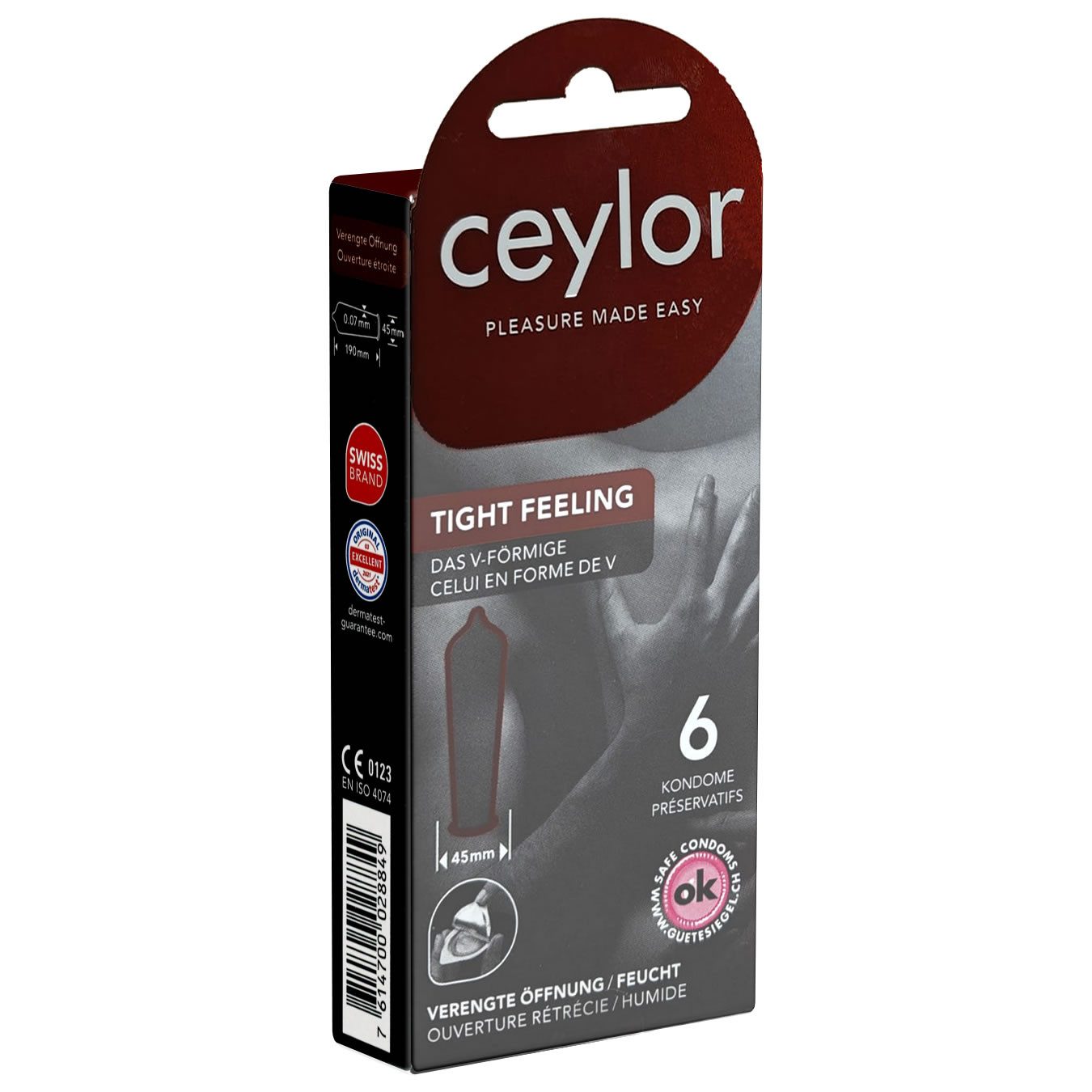Ceylor Kondome Tight Feeling (mit extra enger Öffnung) Kondome die nicht abrutschen, Packung mit, 6 St., extra enge Kondome, Premium-Qualität aus der Schweiz, im hygienischen "Dösli", einfach zu öffnen, schnelleres Überziehen