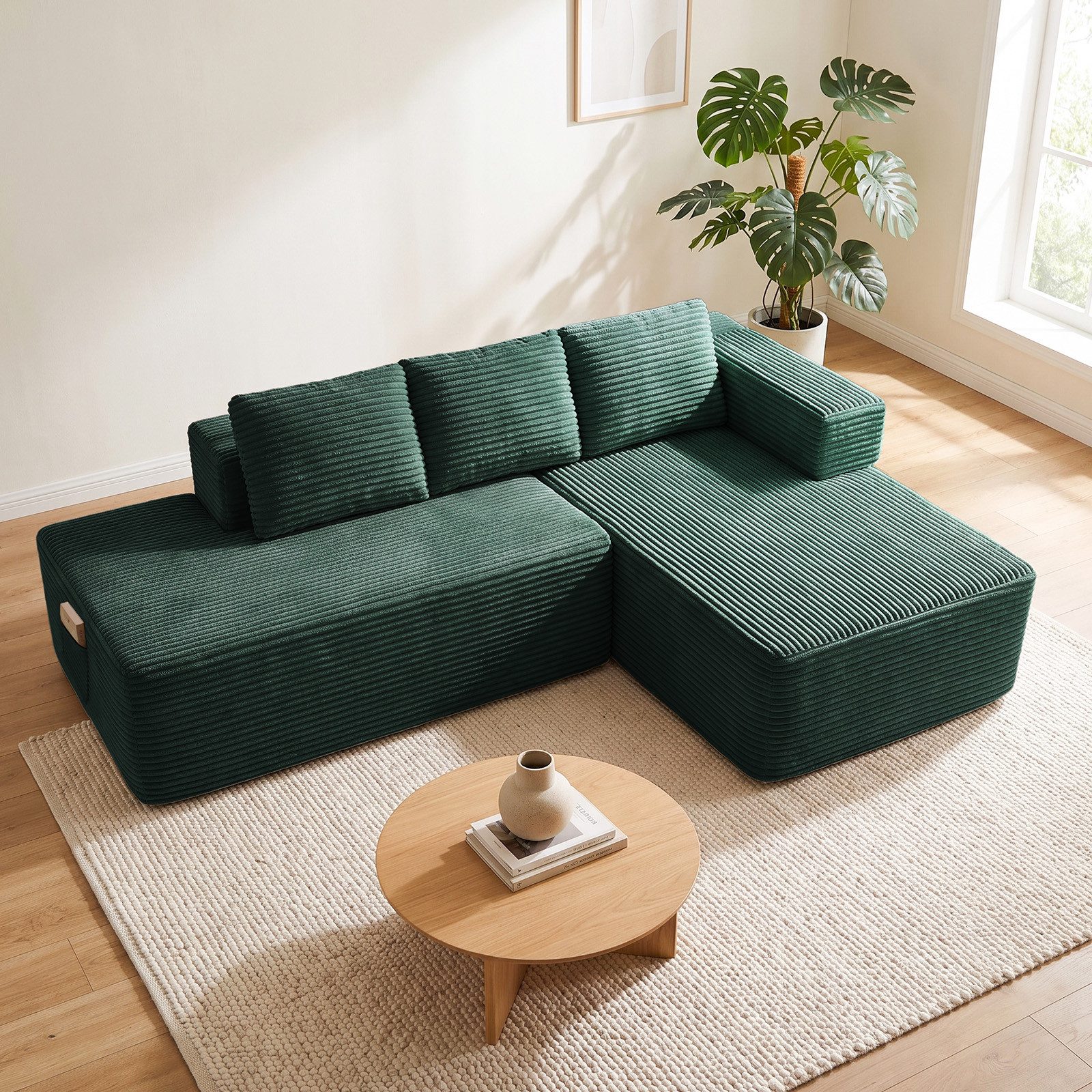 COMHOMA Sofa Ecksofa, Corduroy Modulares Boneless Couch mit Chaiselongue, Metallgestell, L-Form Schlafsofa mit Kissen & Seitentaschen