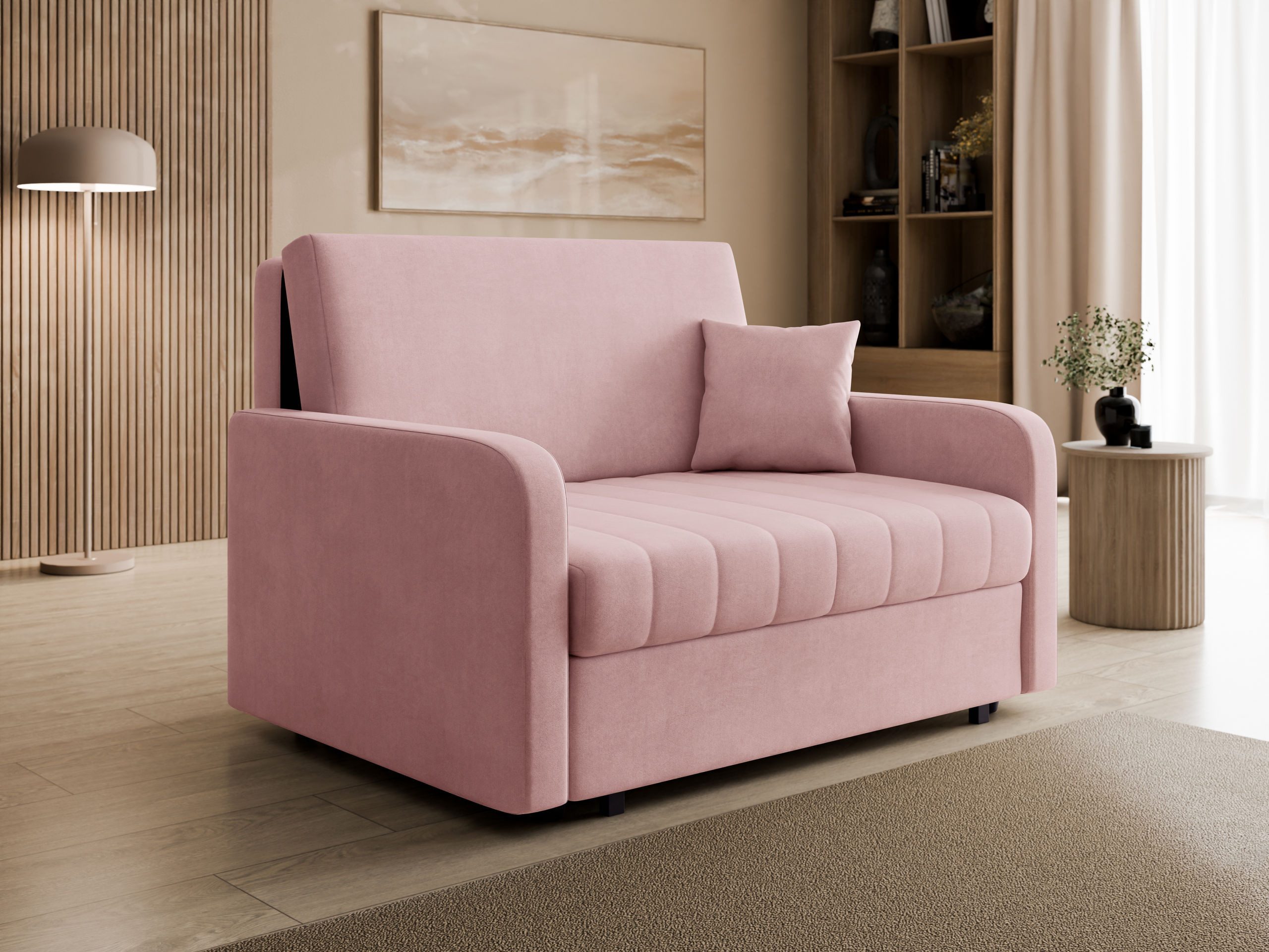 MIRJAN24 Schlafsofa Viva Silk II, mit Bettkasten und Schlaffunktion, 2-Sitzer, 132x98x85 cm, Polsterlehnen fest montiert