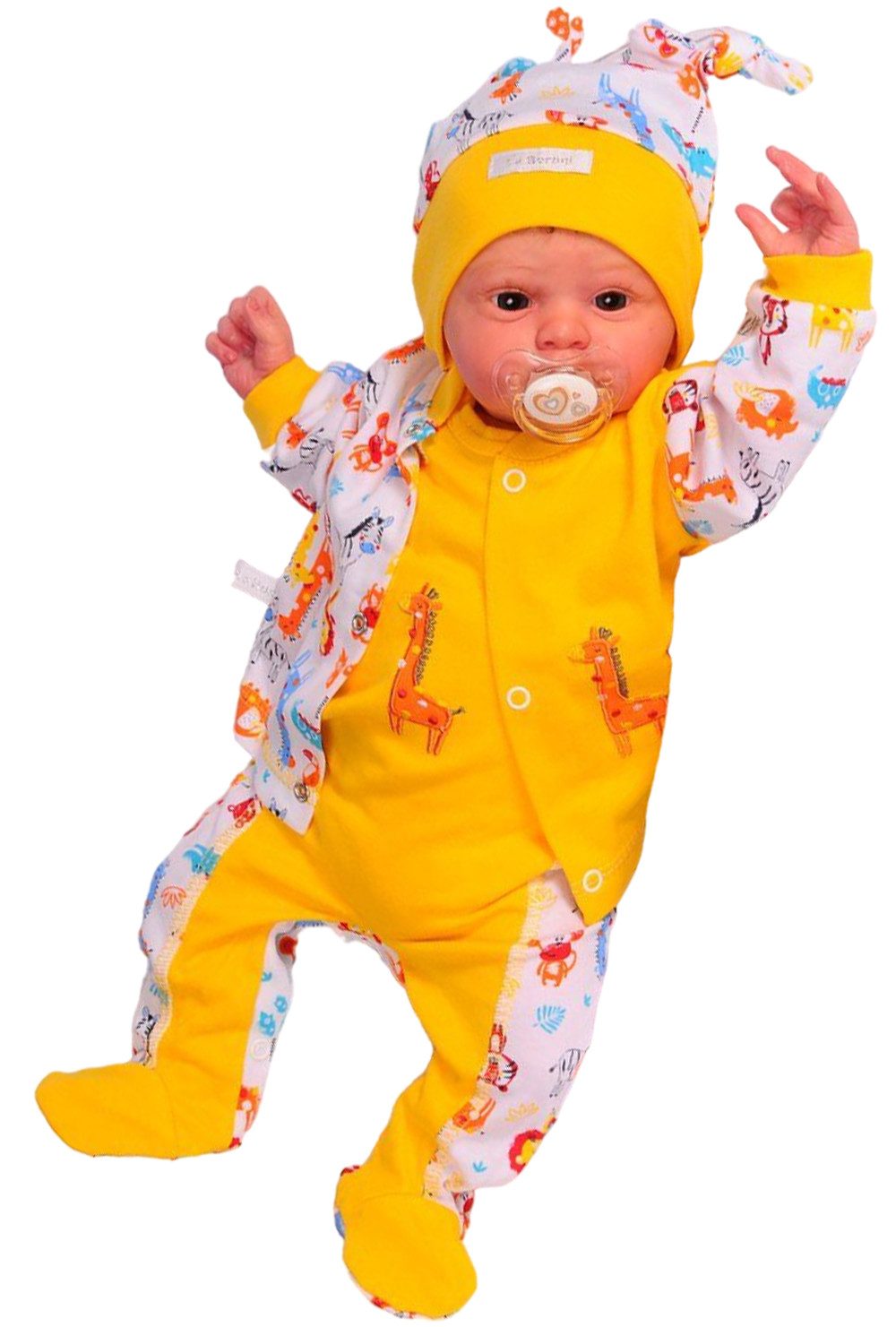 La Bortini Strampler, Jäckchen & Mütze Stramplerhose Hemdchen Mützchen Baby Anzug in Gelb aus reiner Baumwolle, mit Tieren-Muster, 44 50 56 62 68 74