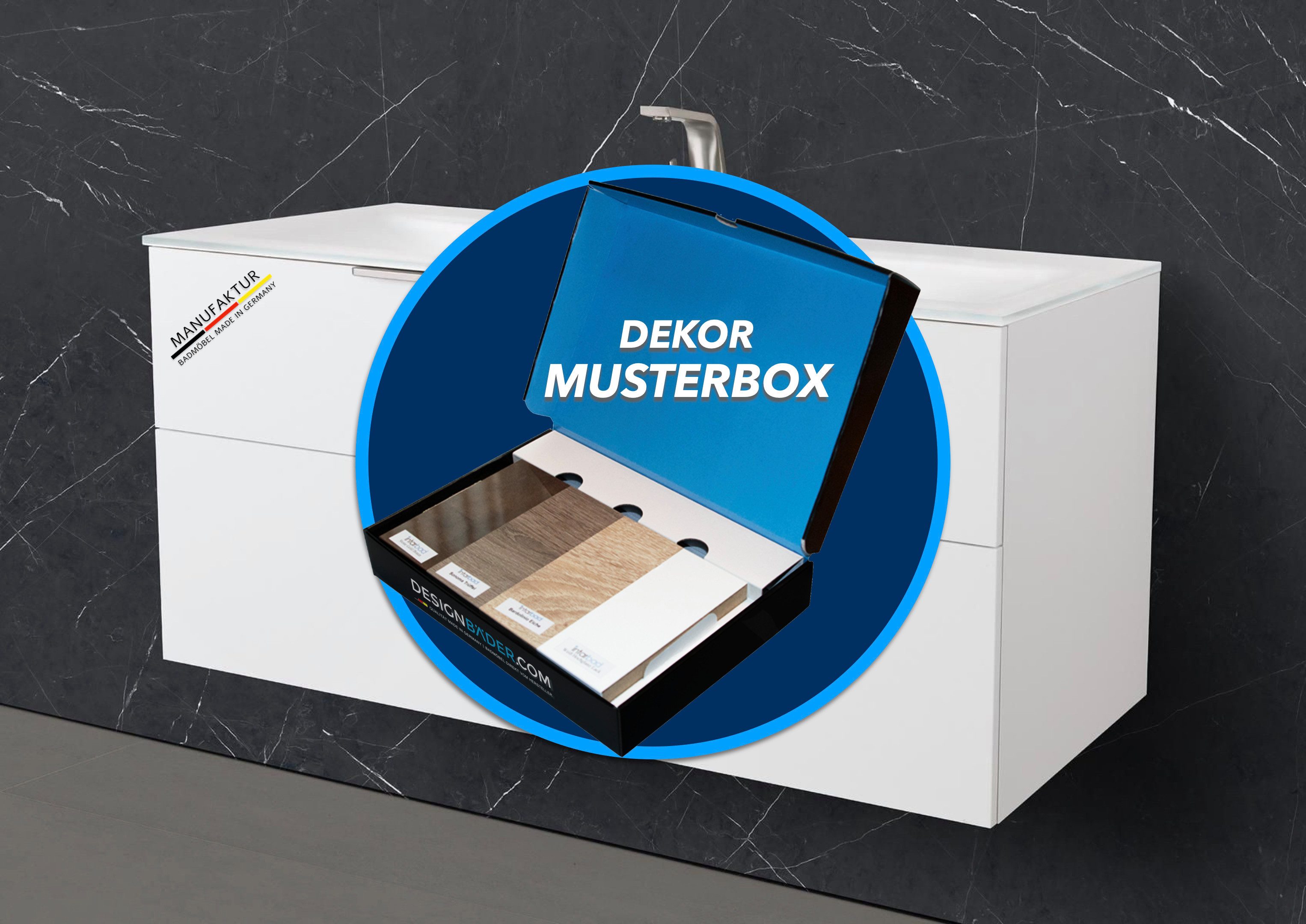 Intarbad Waschtisch 1 x Musterbox mit 6 Dekorvarianten für Intarbad Waschtische (6 Musterdekore, Weiß Matt & Hochglanz, Anthrazit, Kaschmir, Eiche Natur & Tabak)