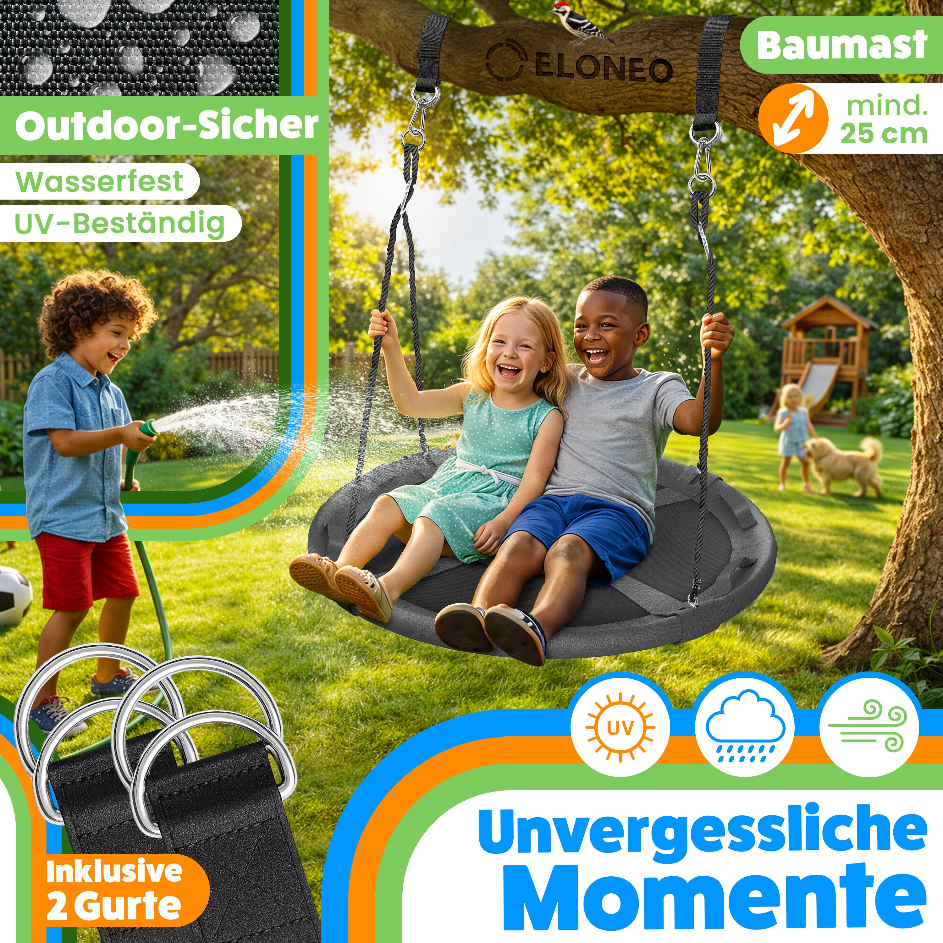 ELONEO Nestschaukel mit Kissen - Gartenschaukel bis 150 kg, inkl. 360°Haken, viel Zubehör, rundum gepolstert