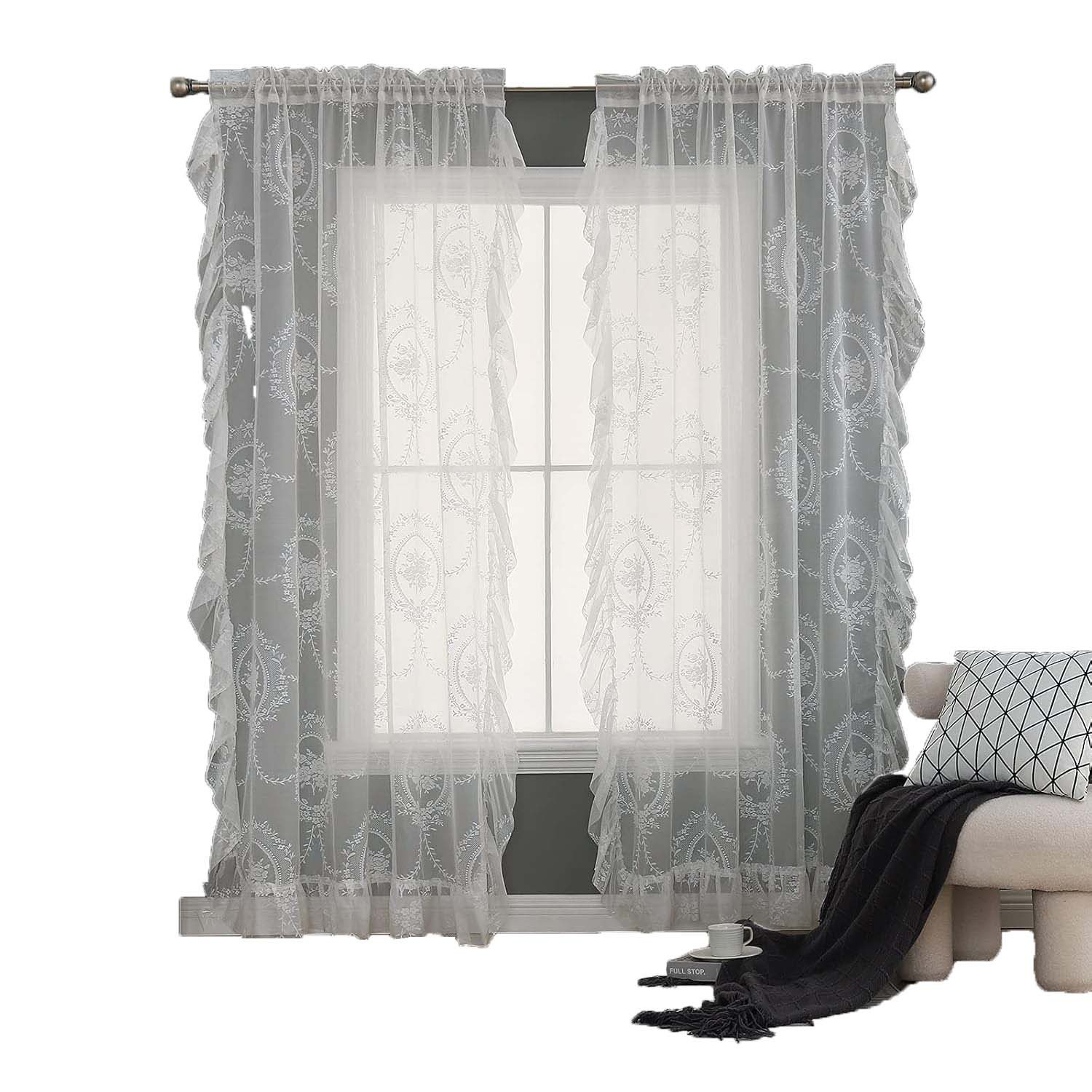 Minicloss Gardine Spitzenvorhänge, Vintage Blumenstickerei Vorhang mit Rüsc günstig online kaufen