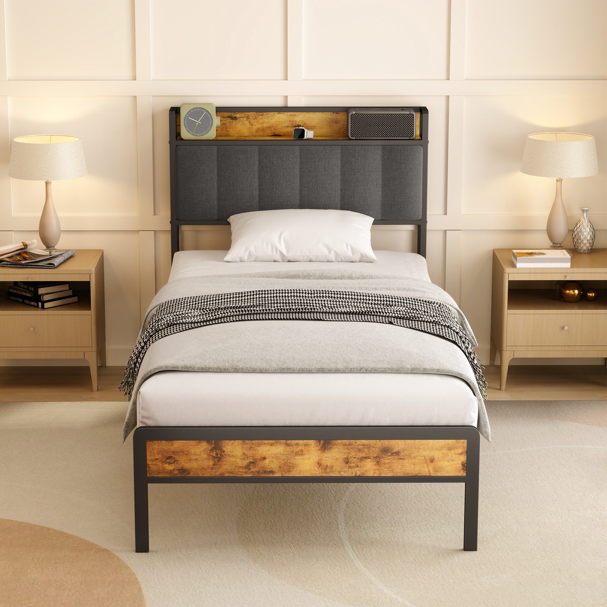 Bealife Polsterbett Einzelbett,Bettgestell mit Kopfteil,Holzbett mit Metall (90x200/120x200/140x200cm)