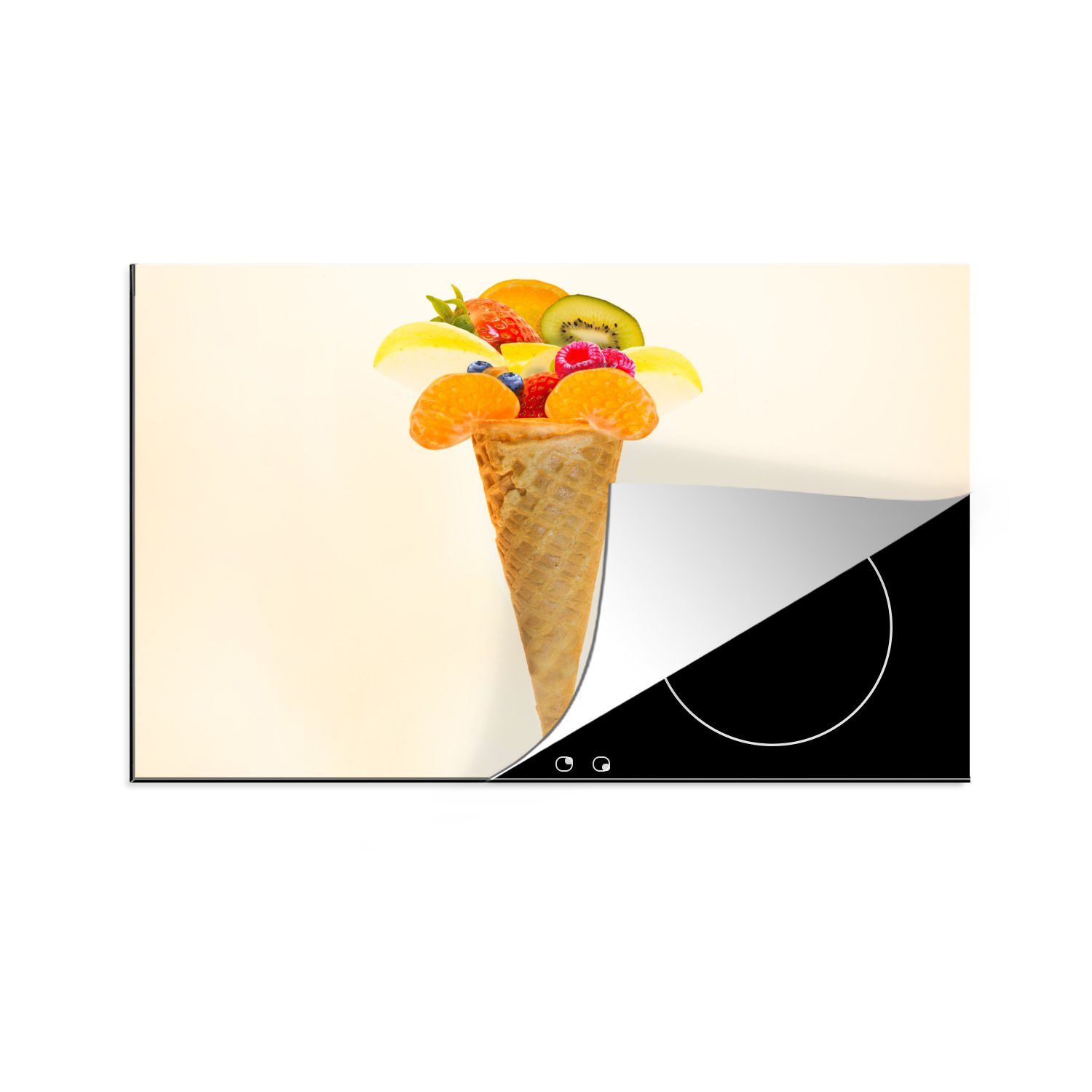 MuchoWow Herdblende-/Abdeckplatte Eiswaffel mit Obst, Vinyl, (1 tlg), 81x52 cm, Induktionskochfeld Schutz für die küche, Ceranfeldabdeckung