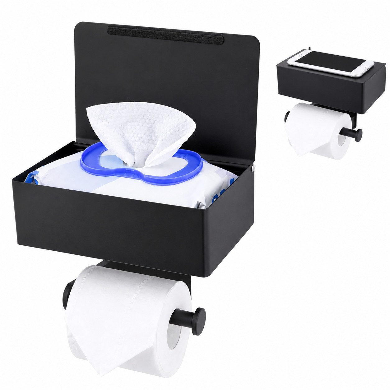 ibettertec Toilettenpapierhalter Klopapierhalter edelstahl Feuchttücherbox, selbstklebend oder Bohren (WC Papier Halterung mit 21 cm Ablage,Storage rack,tissue rack, Großes Fassungsvermögen, geräuscharm, stabil), Wandmontierter WC Rollenhalter aus Edelsta
