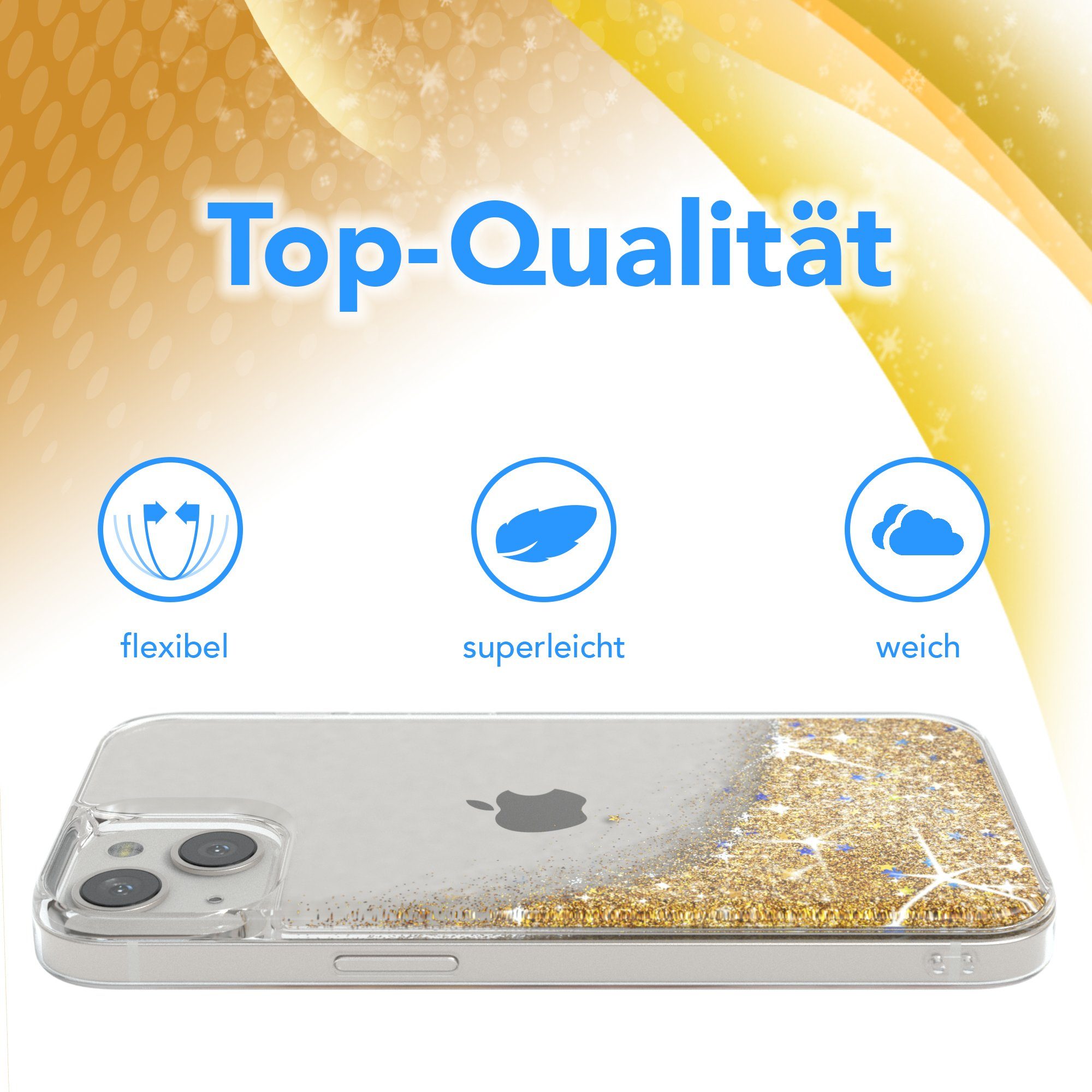 EAZY CASE Handyhülle Liquid Glittery Case für Apple iPhone 13 6,1 Zoll, Durchsichtig Back Case Handy Softcase Silikonhülle Glitzer Cover Gold