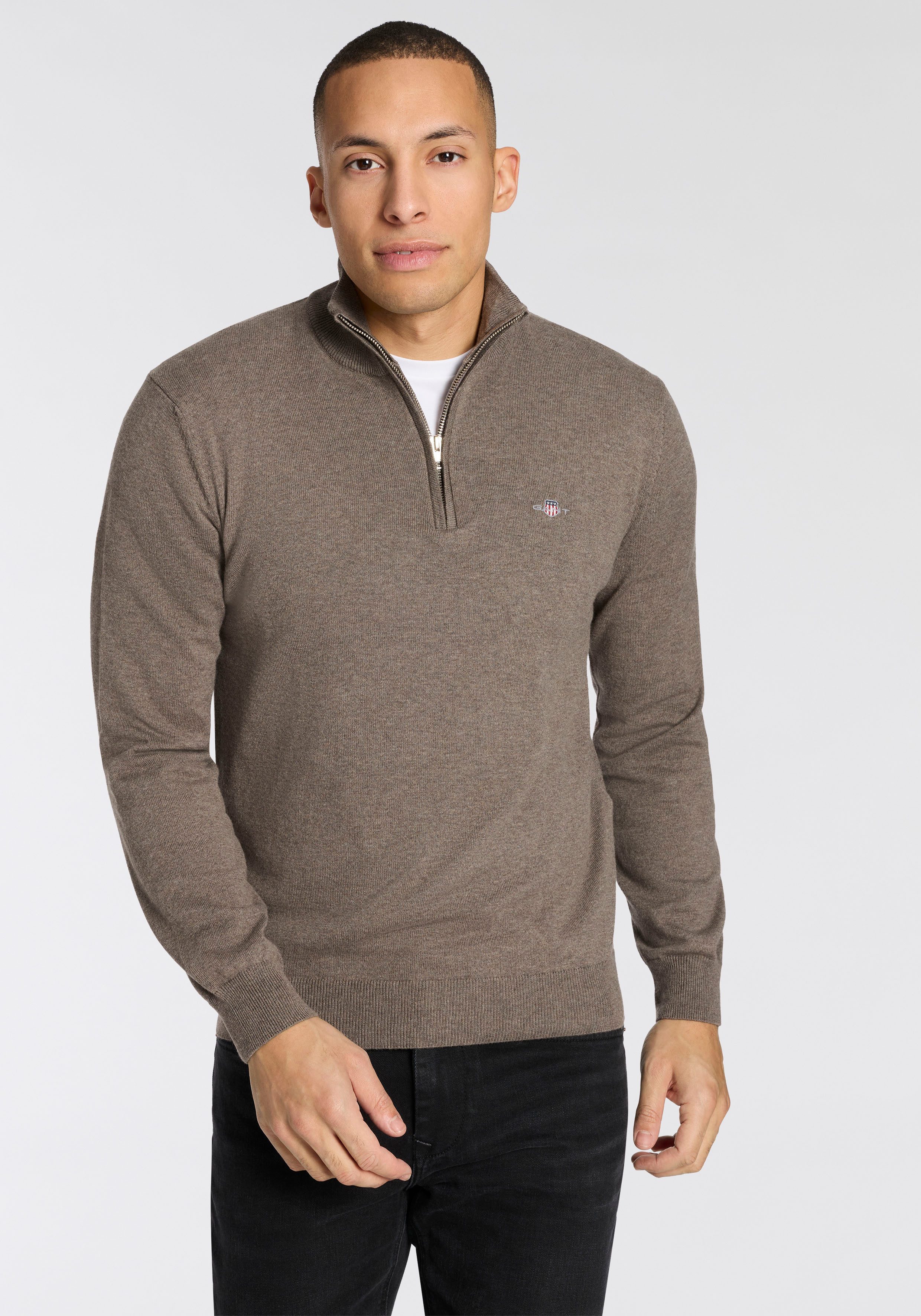 Gant Stehkragenpullover COTTON/WOLL HALF ZIP mit Rippstrick-Details, normale Passform
