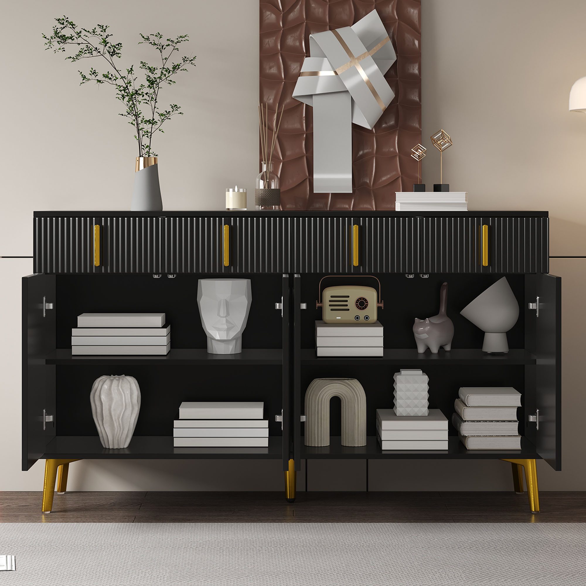 Merax Sideboard mit 4 Türen und 4 Schubladen (140x37,8x82 cm), Kommode mit goldenen Griffen und Beinen, Anrichte, Türkommoden