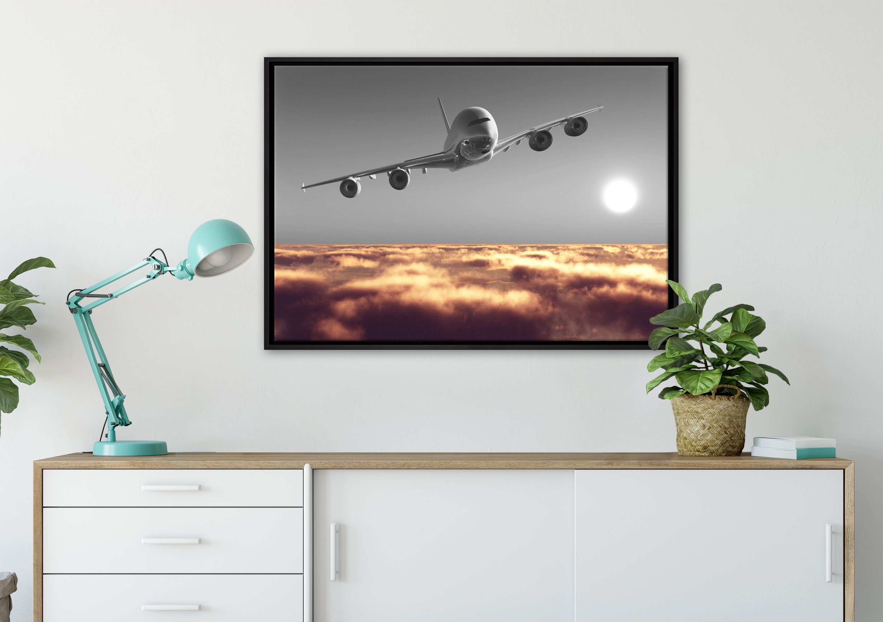 Pixxprint Leinwandbild Flugzeug bespannt, Schattenfugen-Bilderrahmen Zackenaufhänger in St), Wolkenmeer, einem über Leinwandbild Wanddekoration inkl. fertig (1 gefasst