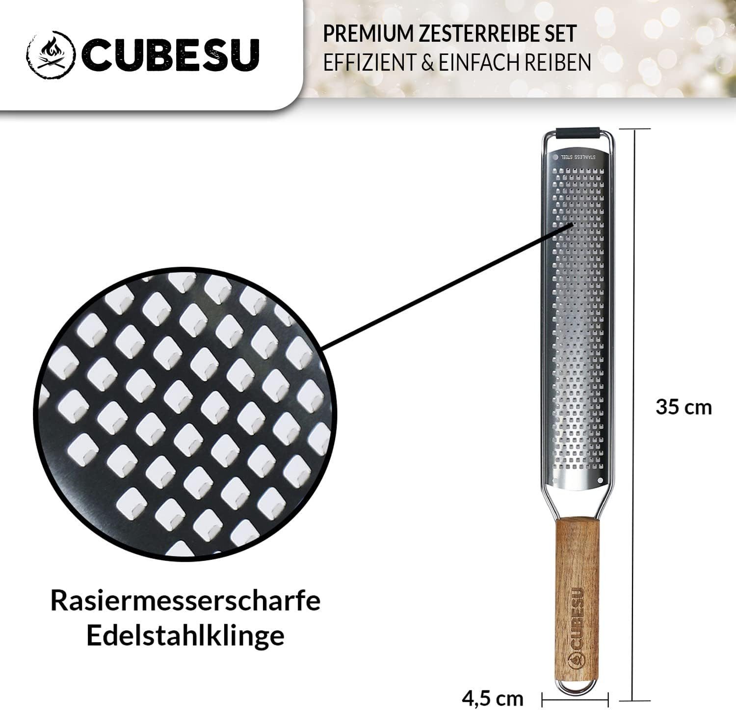 Cubesu Käsereibe Zester Reibe Set extrem scharfe Edelstahl Küchenreibe mit Holzgriff, Edelstahl / Holz