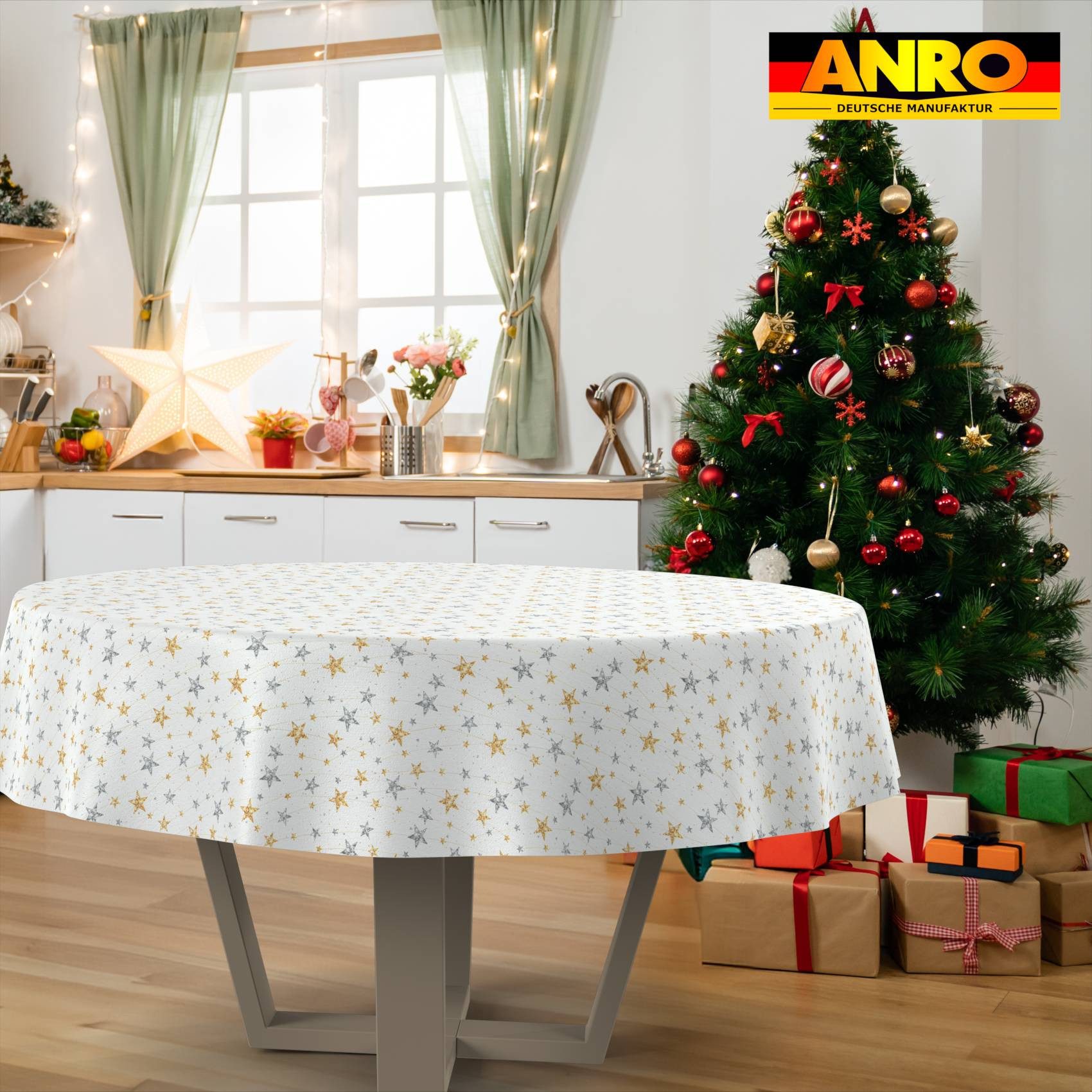 ANRO Tischdecke pflegeleicht Weihnachten Tischtuch Christmas Strene Tischwäsche (Einzelstück 1-tlg), Schutz-Beschichtung wasserabweisend Rund 100cm