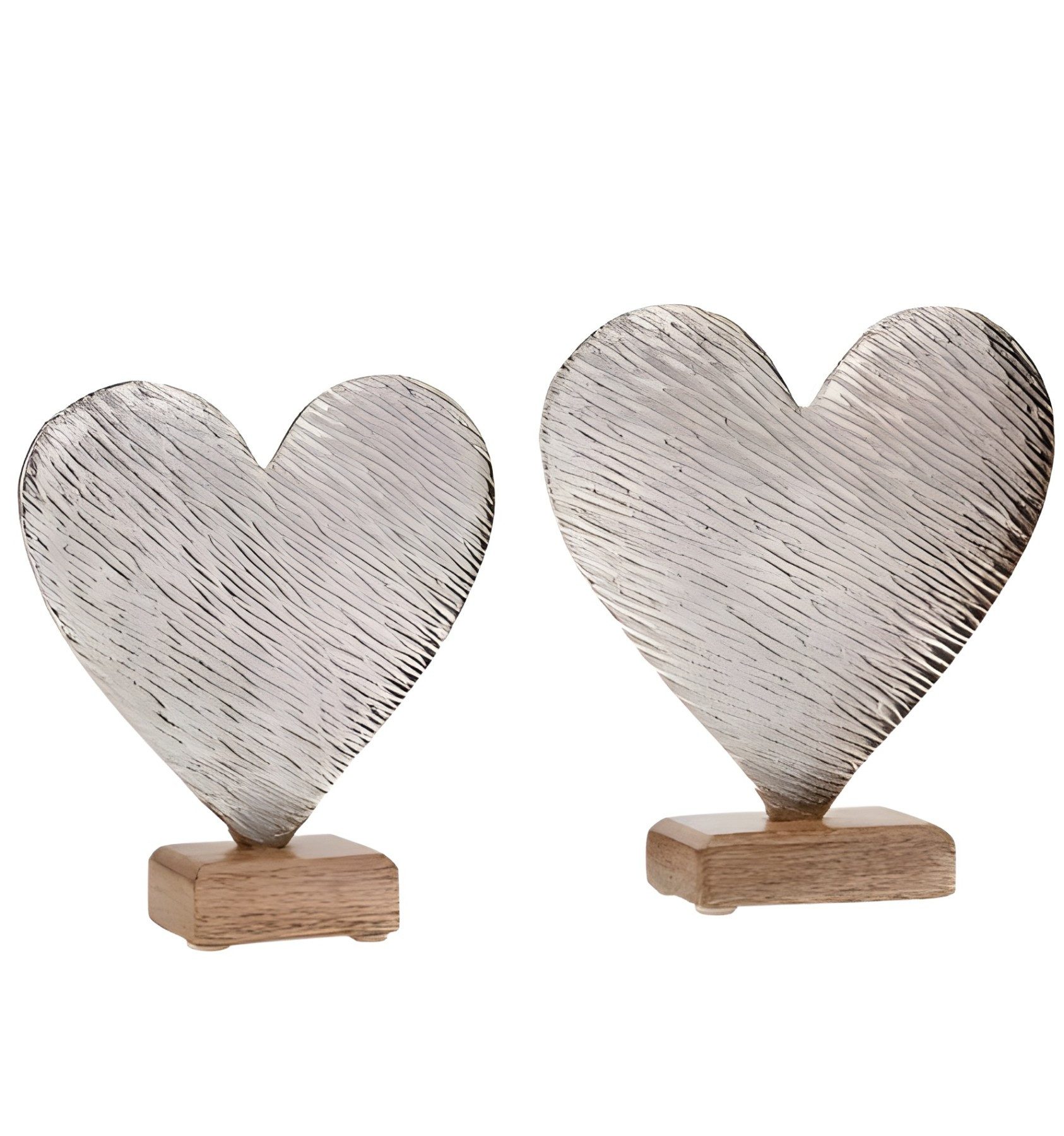 Dekofigur "Herz" aus Aluminium in silber mit Antik Finish, Sockel aus Mangholz