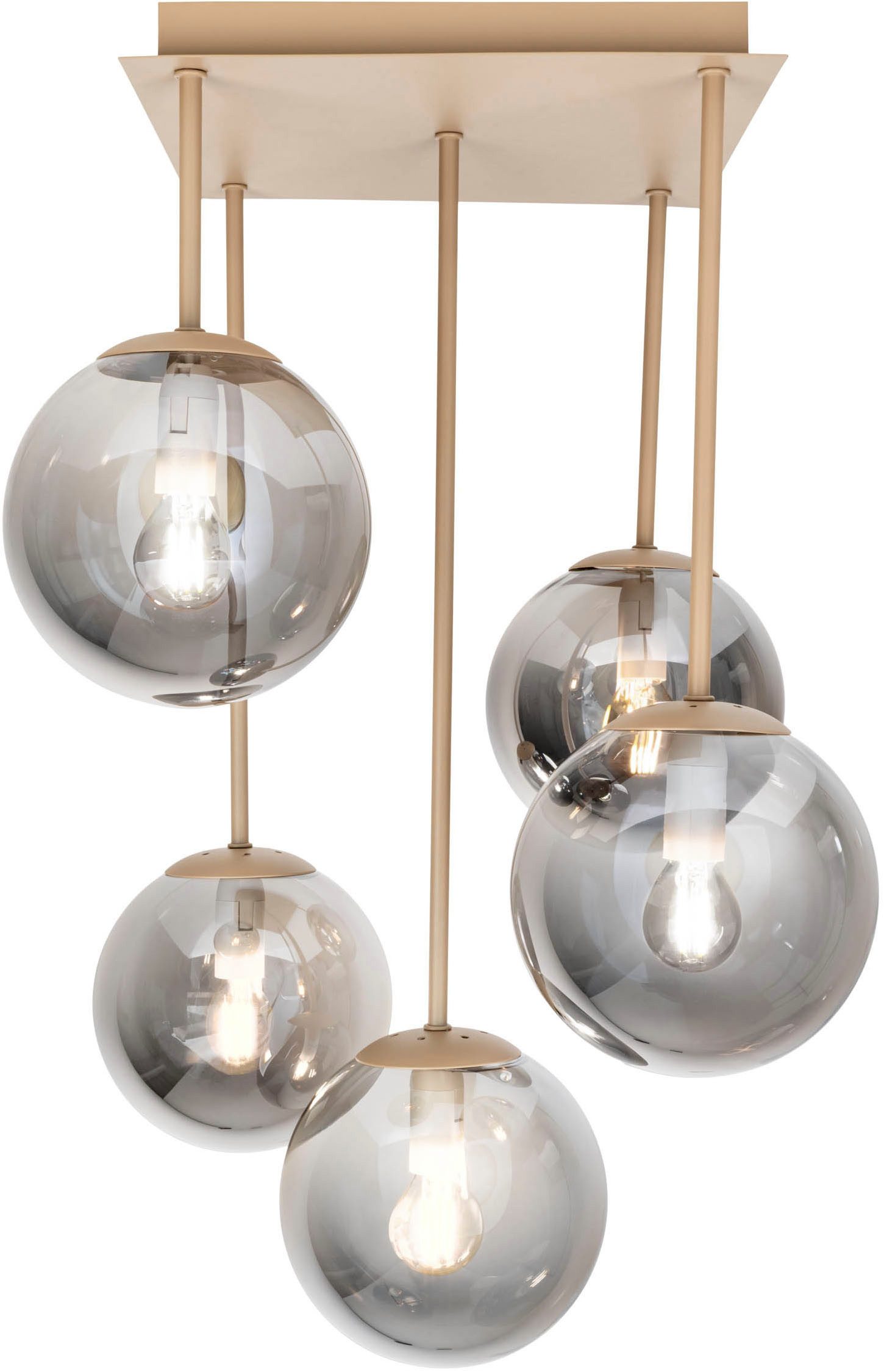 my home Pendelleuchte Nymölla, ohne Leuchtmittel, 5 Glaskugeln mit je 1x E14 exkl., Gestell eckig beige matt